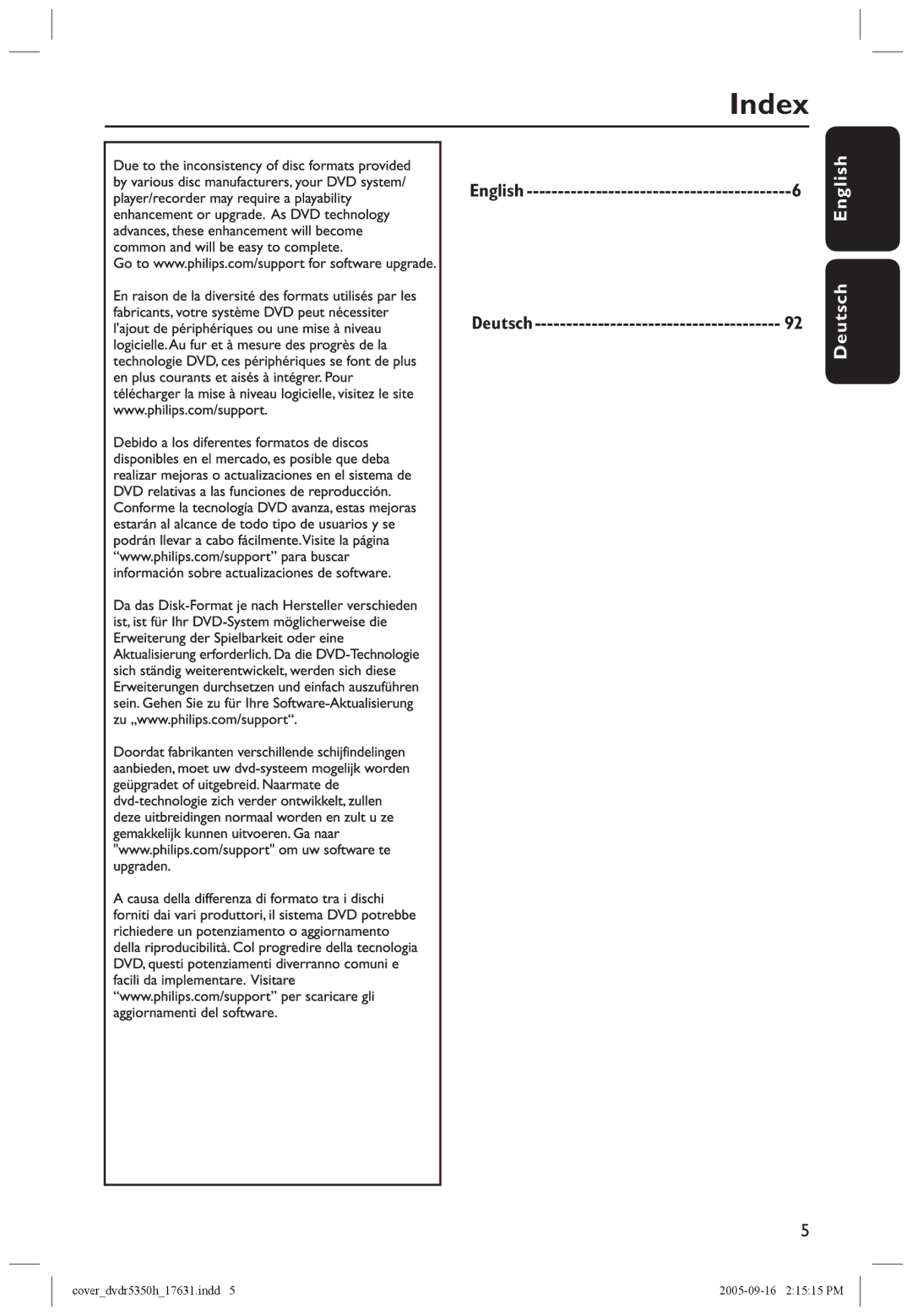 Philips DVDR5350H user manual Index, English, Deutsch 