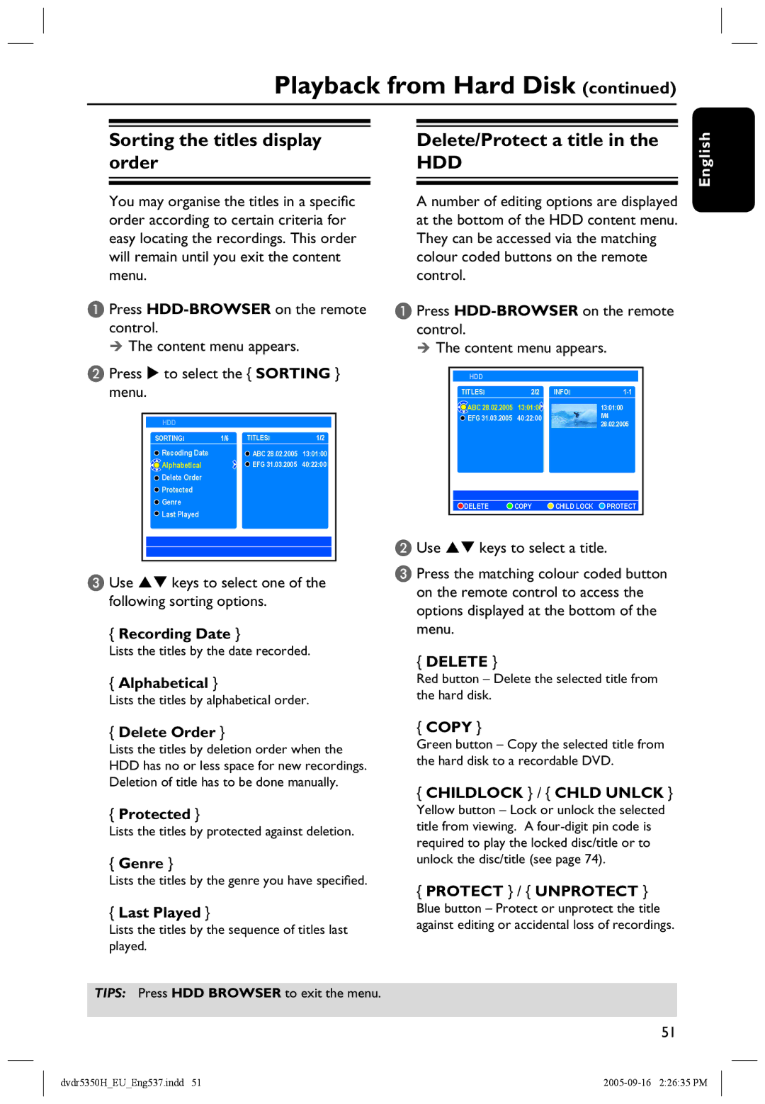 Philips DVDR5350H Sorting the titles display order, Delete/Protect a title, Childlock / Chld Unlck, Protect / Unprotect 