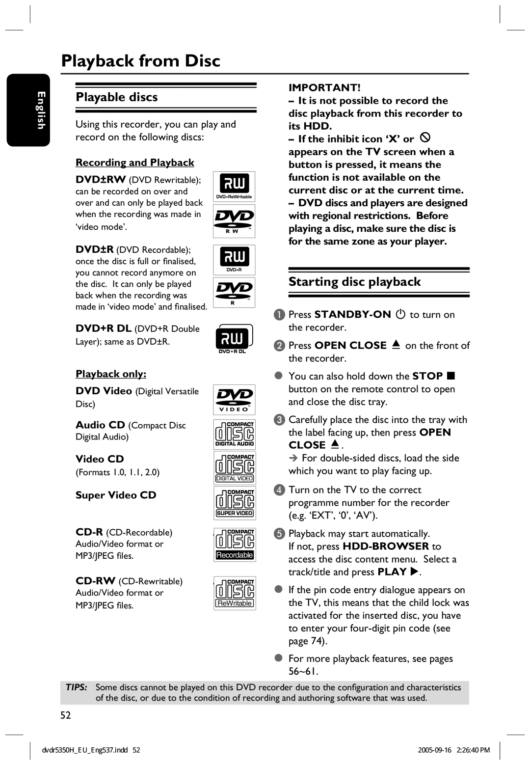 Philips DVDR5350H user manual Playback from Disc, Playable discs, Starting disc playback 