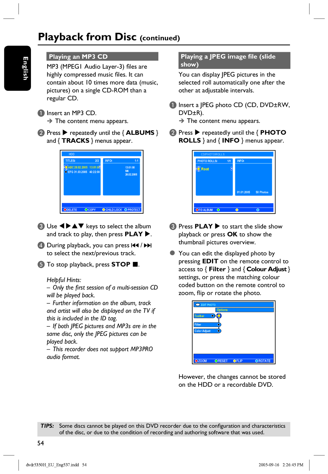 Philips DVDR5350H user manual English Playing an MP3 CD, Playing a Jpeg image ﬁle slide show 