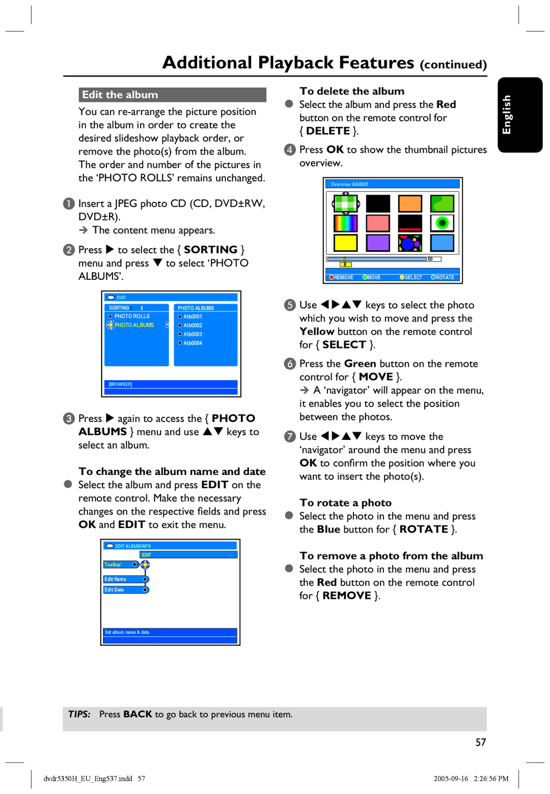 Philips DVDR5350H user manual Edit the album, To change the album name and date, To delete the album, To rotate a photo 