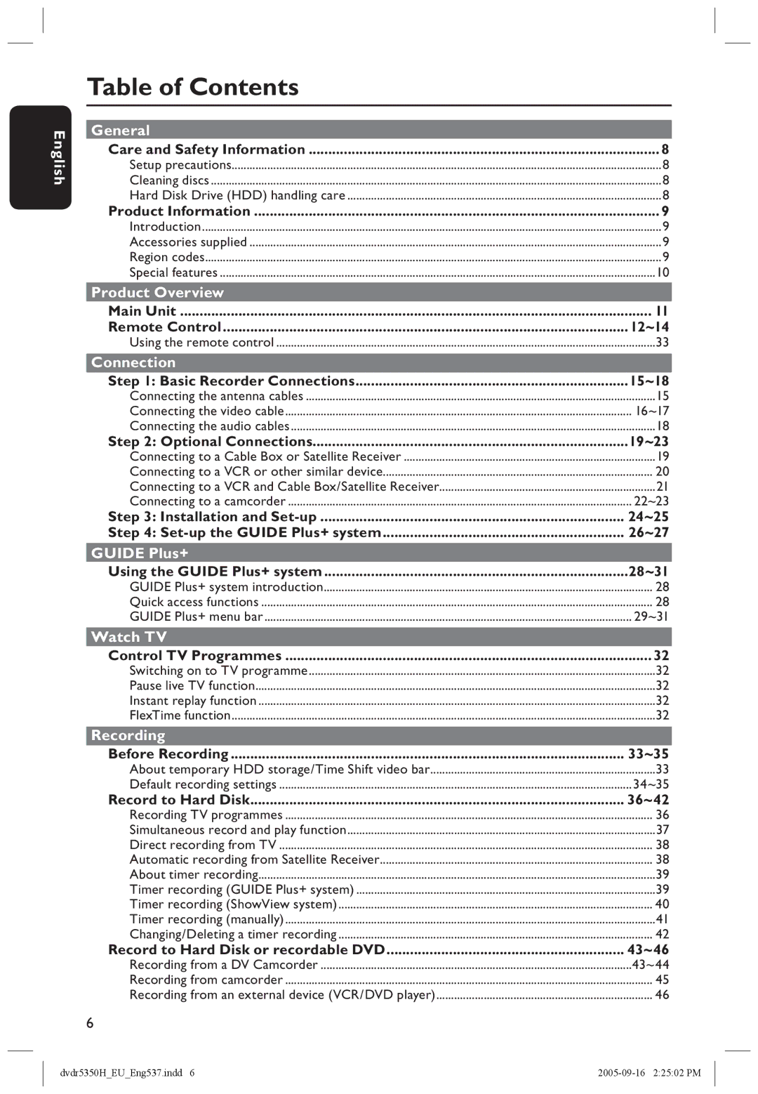 Philips DVDR5350H user manual Table of Contents 