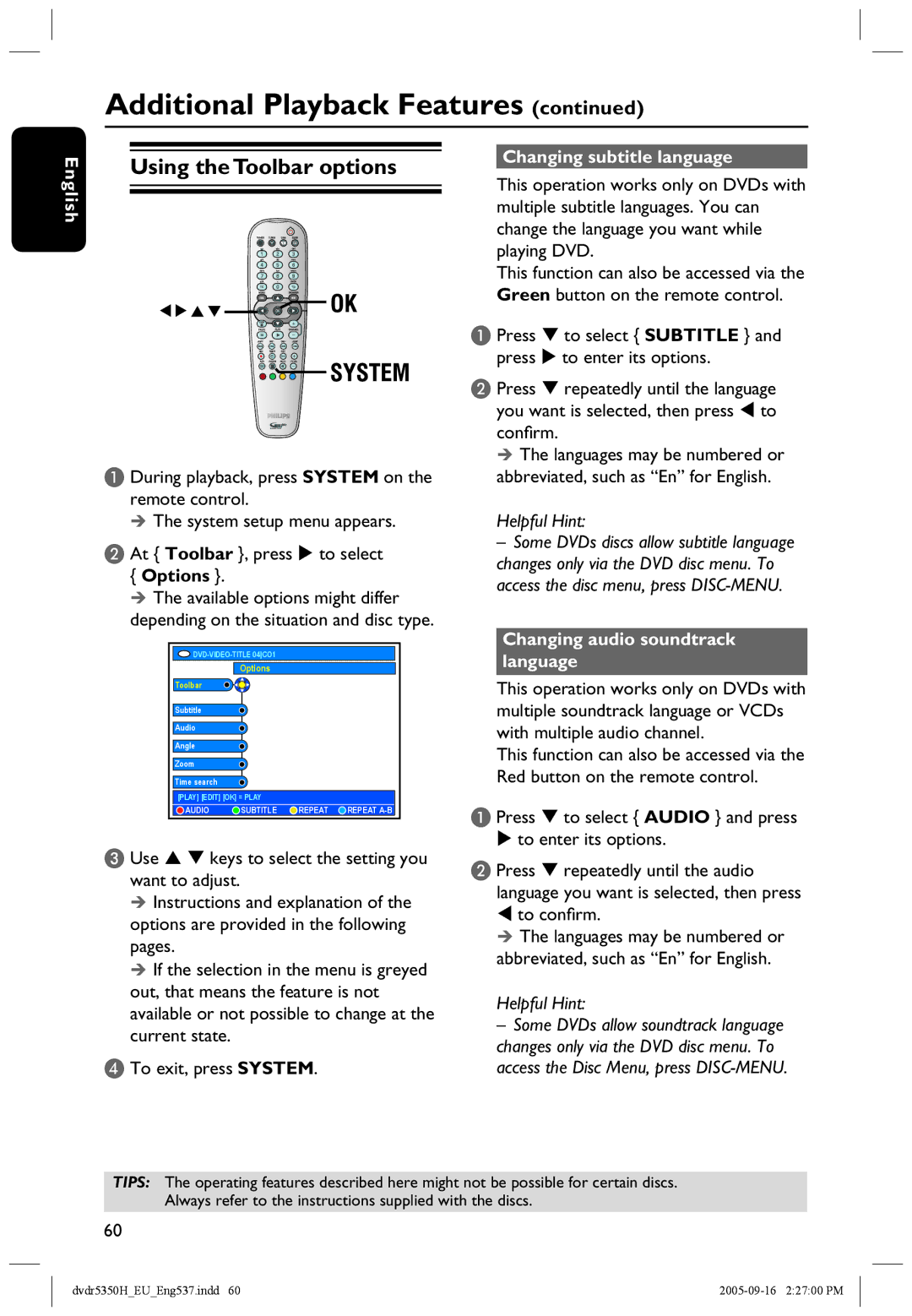 Philips DVDR5350H Using the Toolbar options, Options, Changing subtitle language, Changing audio soundtrack language 