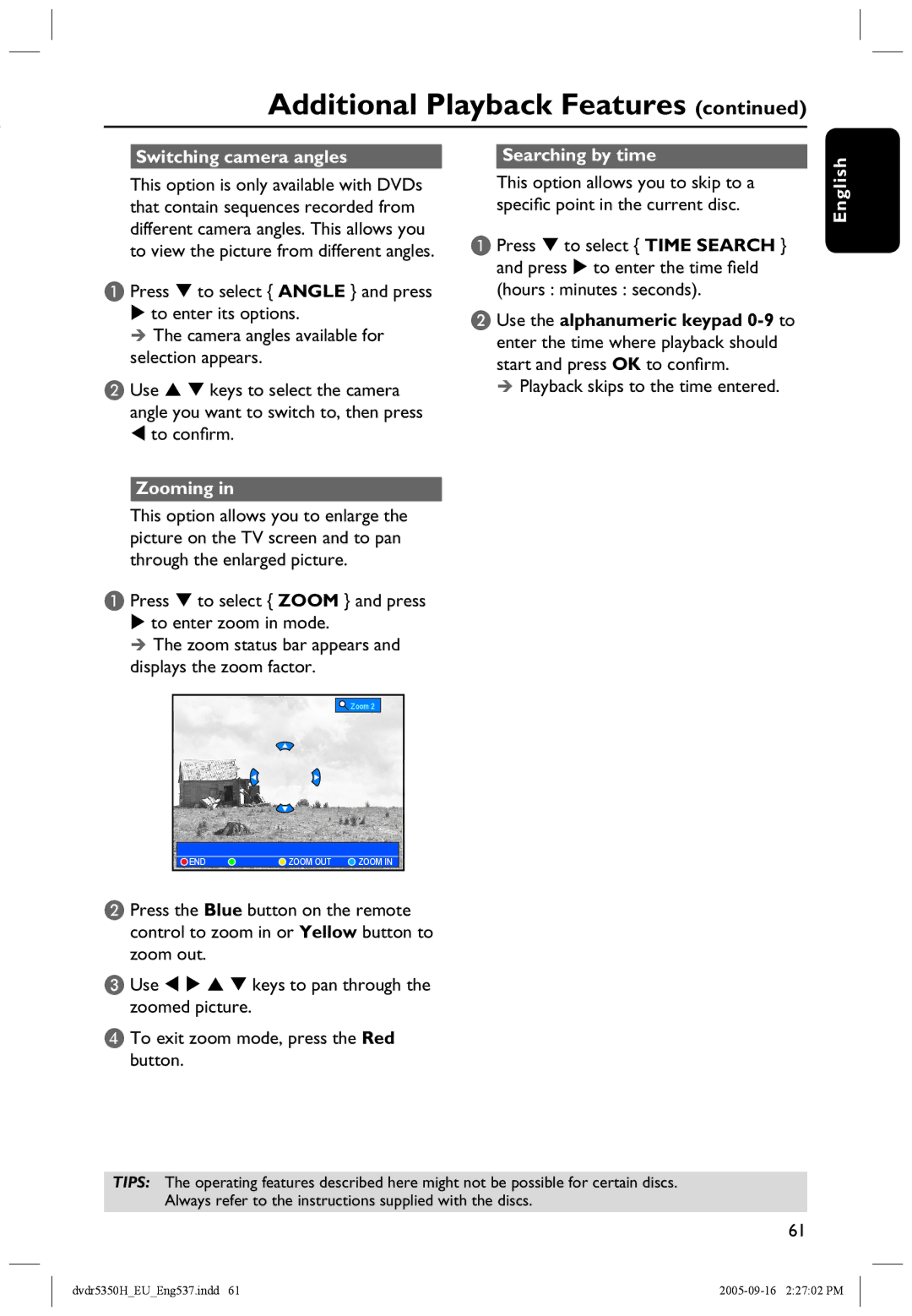 Philips DVDR5350H Switching camera angles Searching by time,  Playback skips to the time entered, English Zooming 