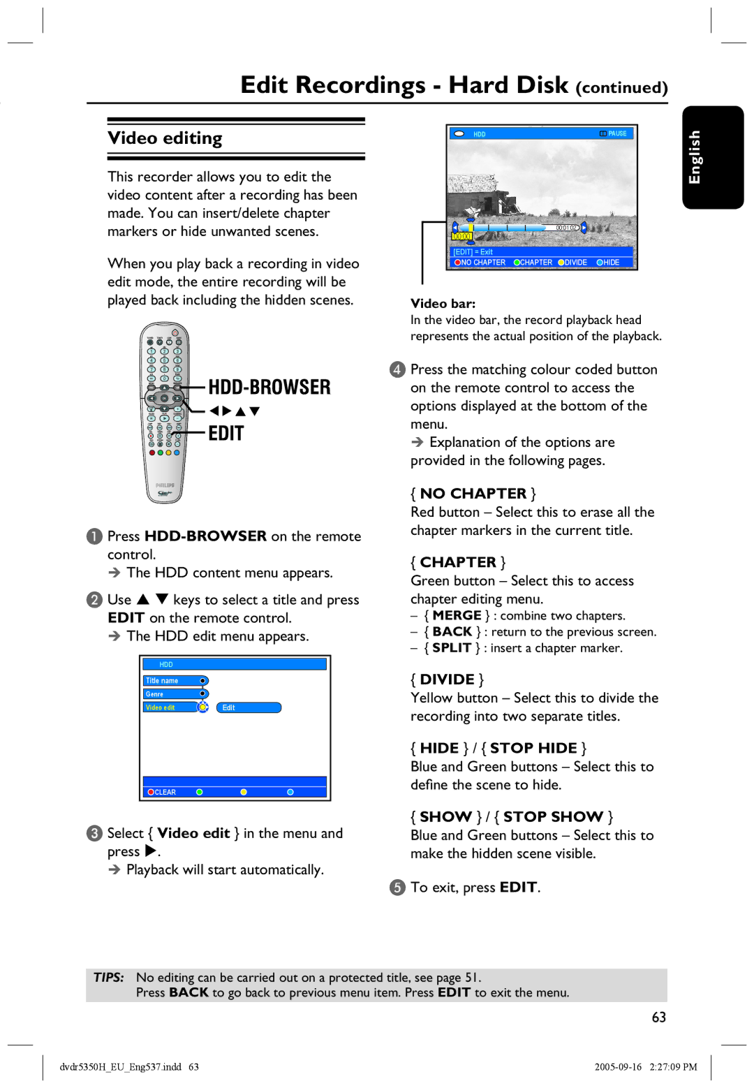 Philips DVDR5350H user manual Video editing, No Chapter, Divide 