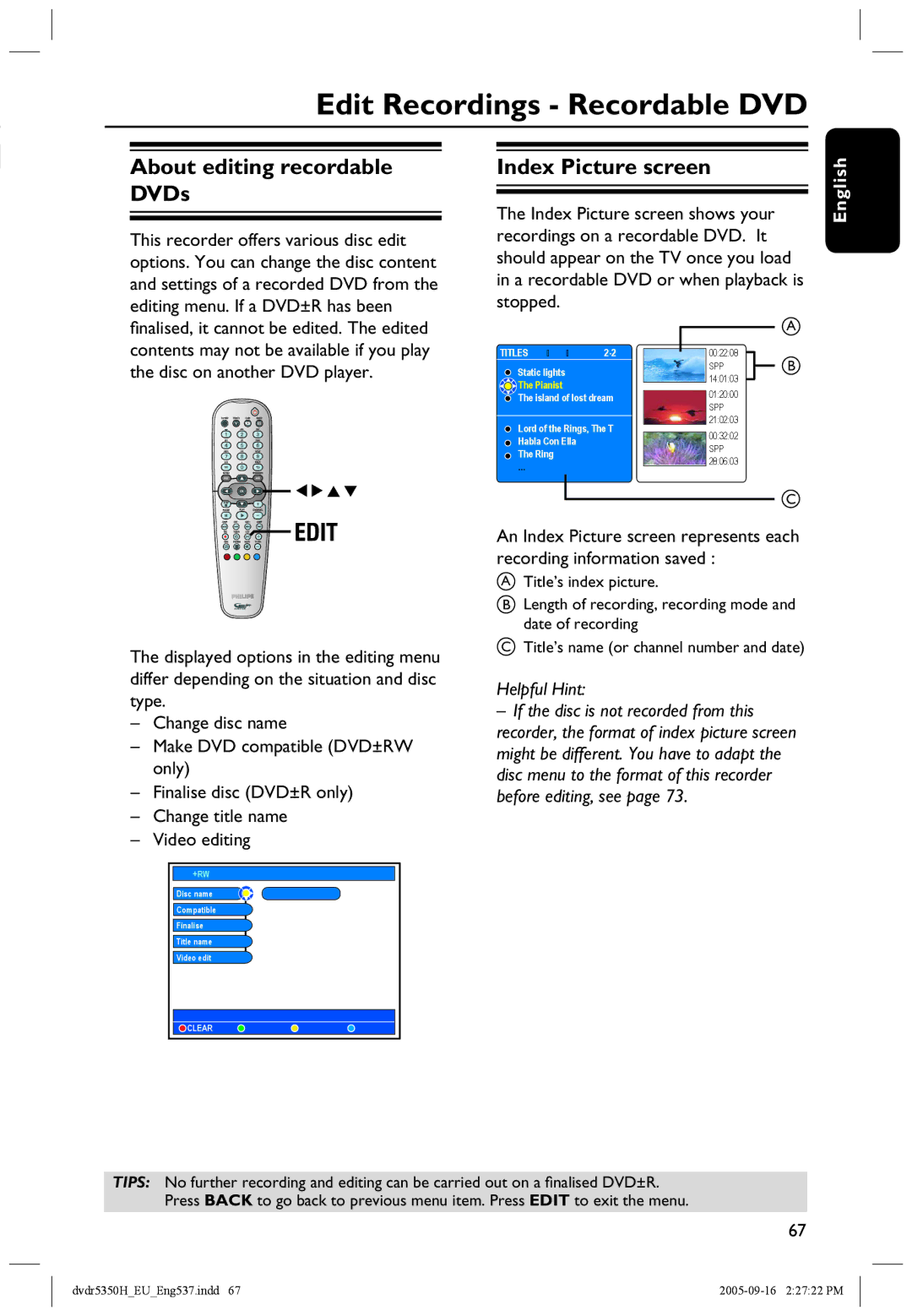 Philips DVDR5350H user manual Edit Recordings Recordable DVD, About editing recordable DVDs, Index Picture screen 