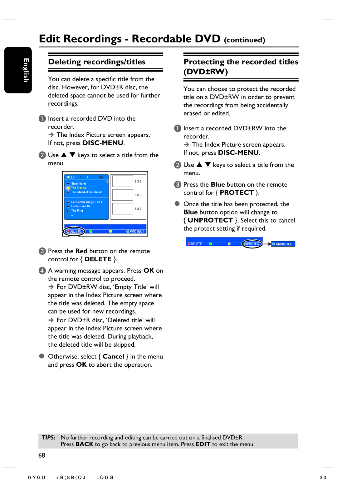 Philips DVDR5350H user manual Deleting recordings/titles, Protecting the recorded titles DVD±RW 