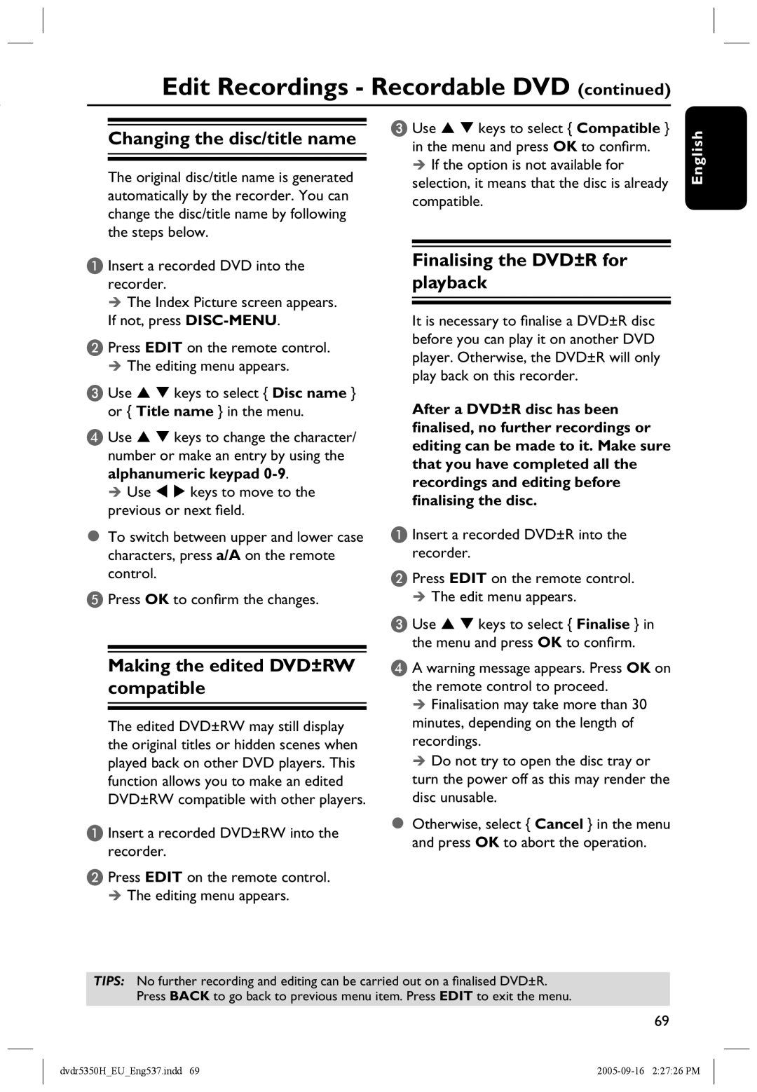 Philips DVDR5350H Changing the disc/title name, Making the edited DVD±RW compatible, Finalising the DVD±R for playback 