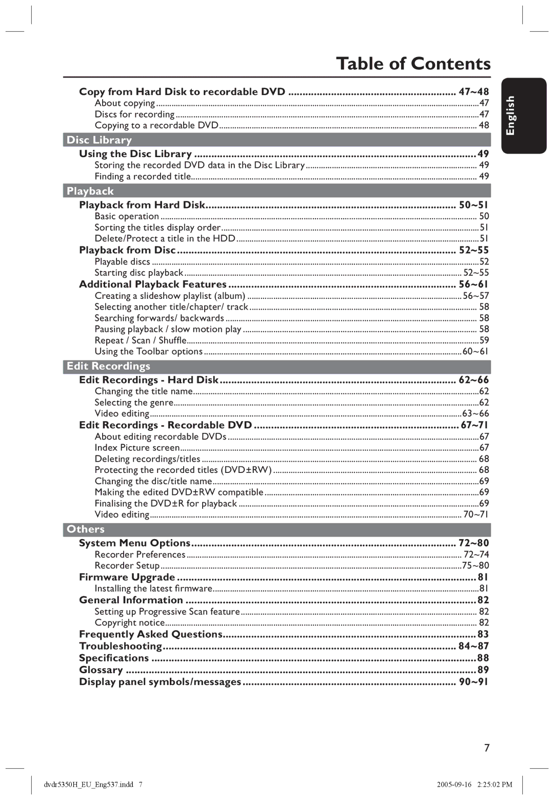 Philips DVDR5350H user manual Table of Contents 