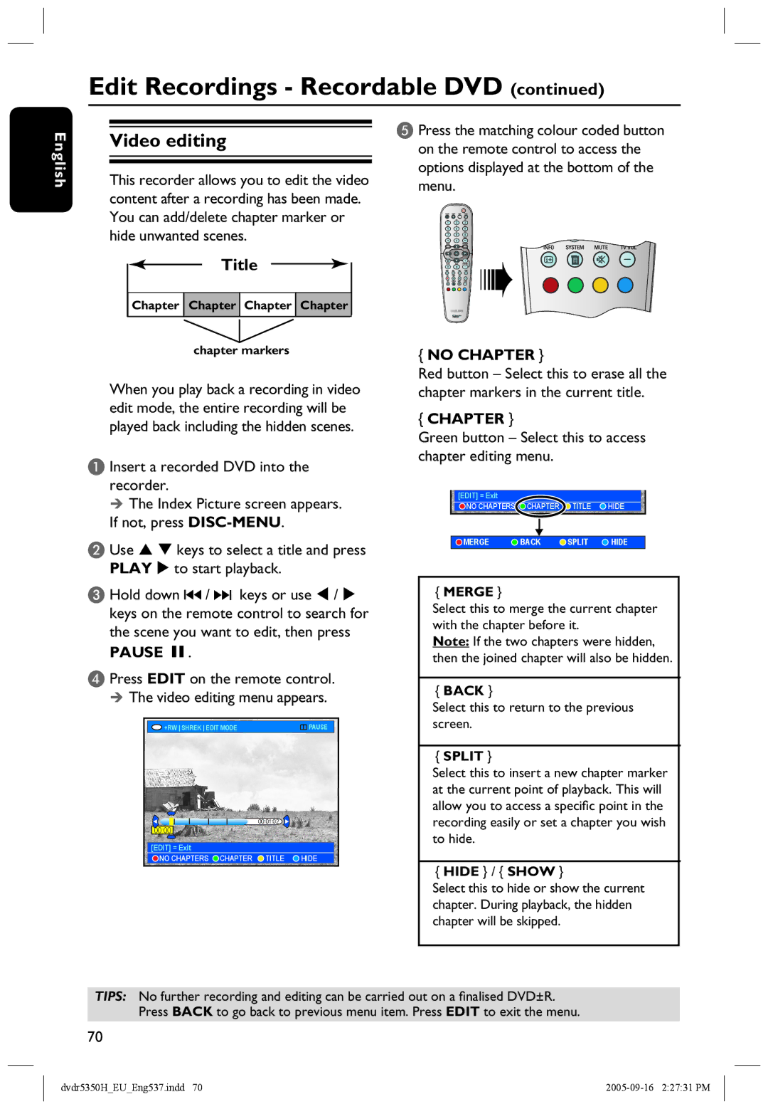 Philips DVDR5350H user manual Back, Select this to return to the previous screen, Hide / Show 