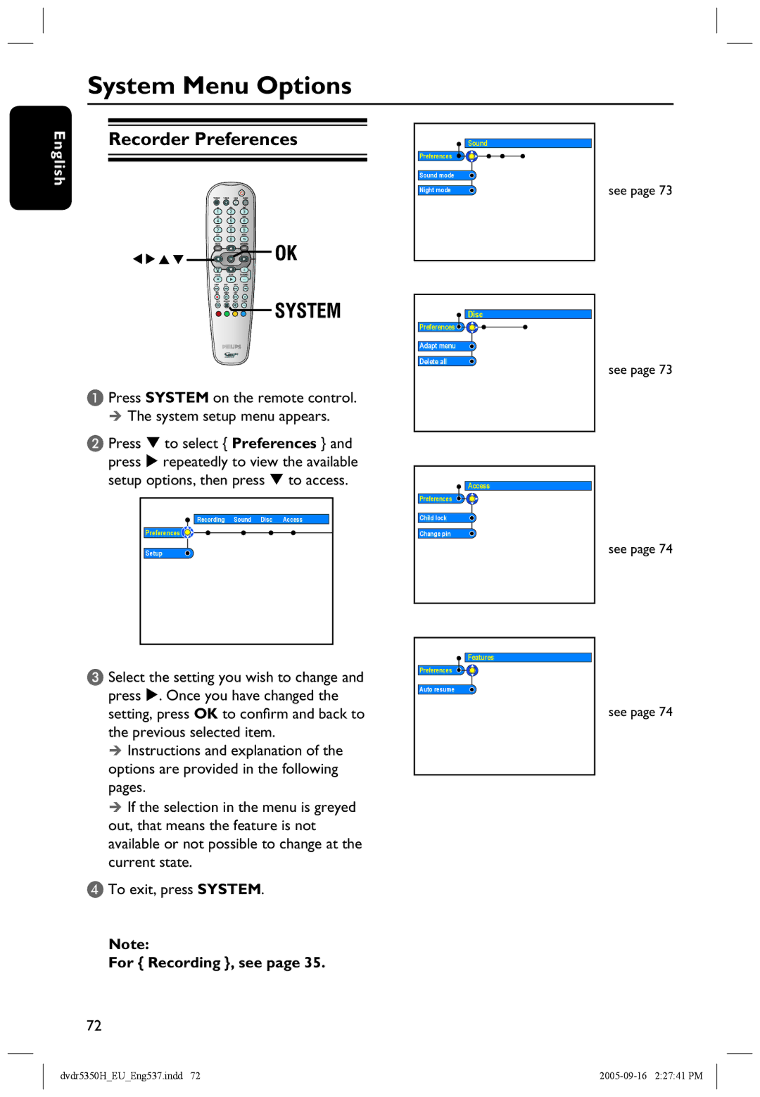 Philips DVDR5350H user manual System Menu Options, Recorder Preferences, For Recording , see, See 