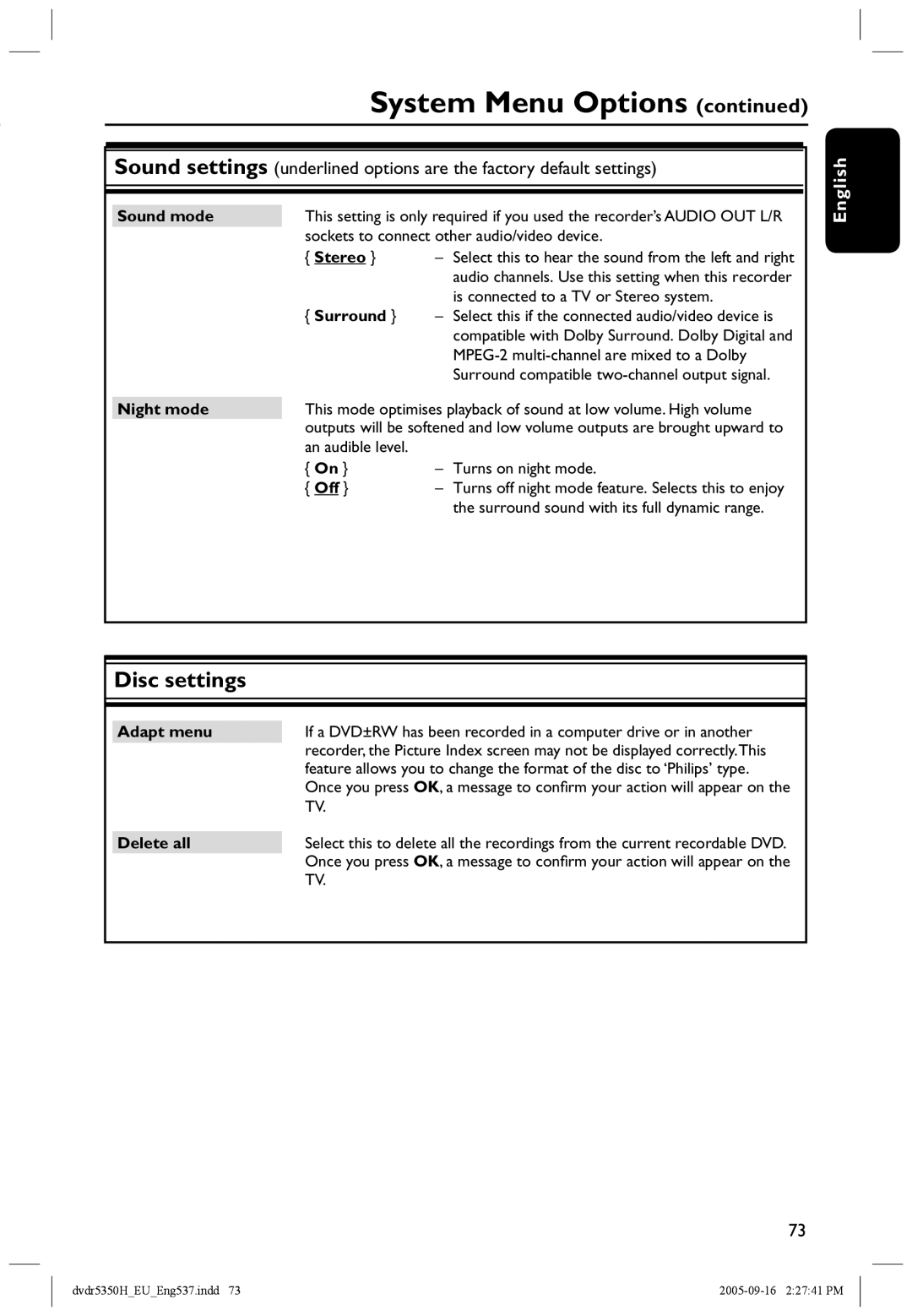 Philips DVDR5350H user manual Disc settings 