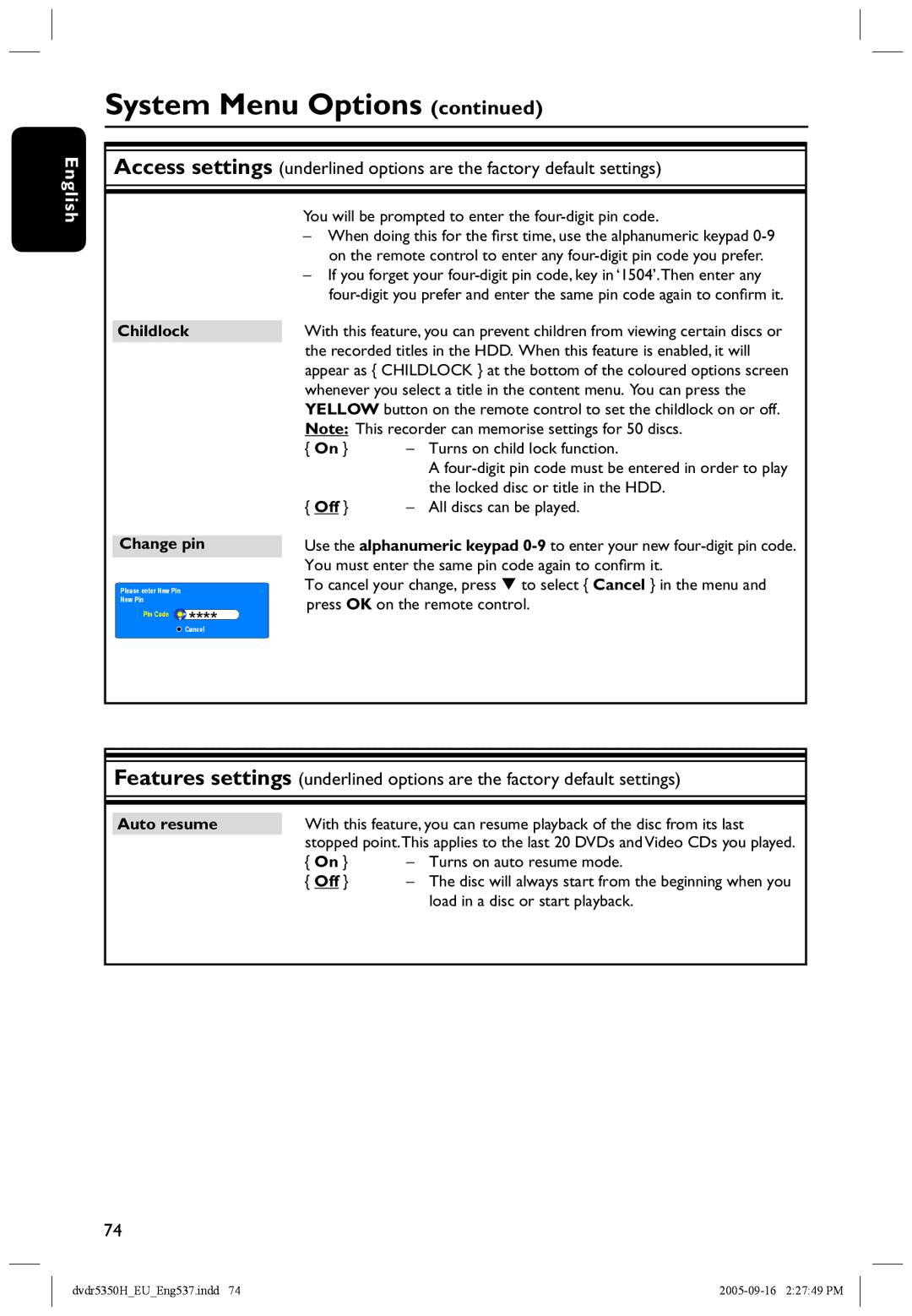 Philips DVDR5350H user manual Childlock Change pin, Auto resume 