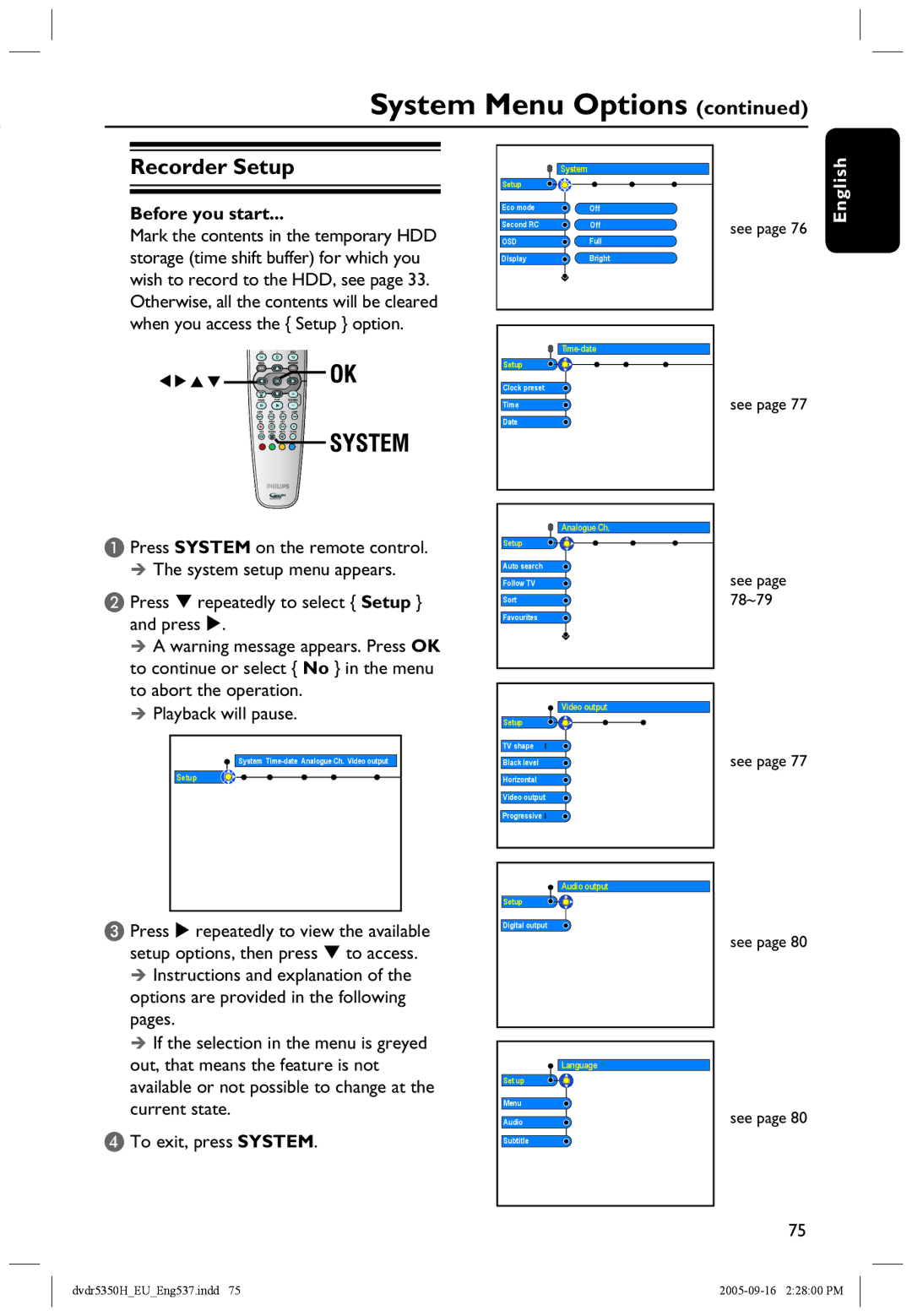 Philips DVDR5350H user manual Recorder Setup, 78~79 