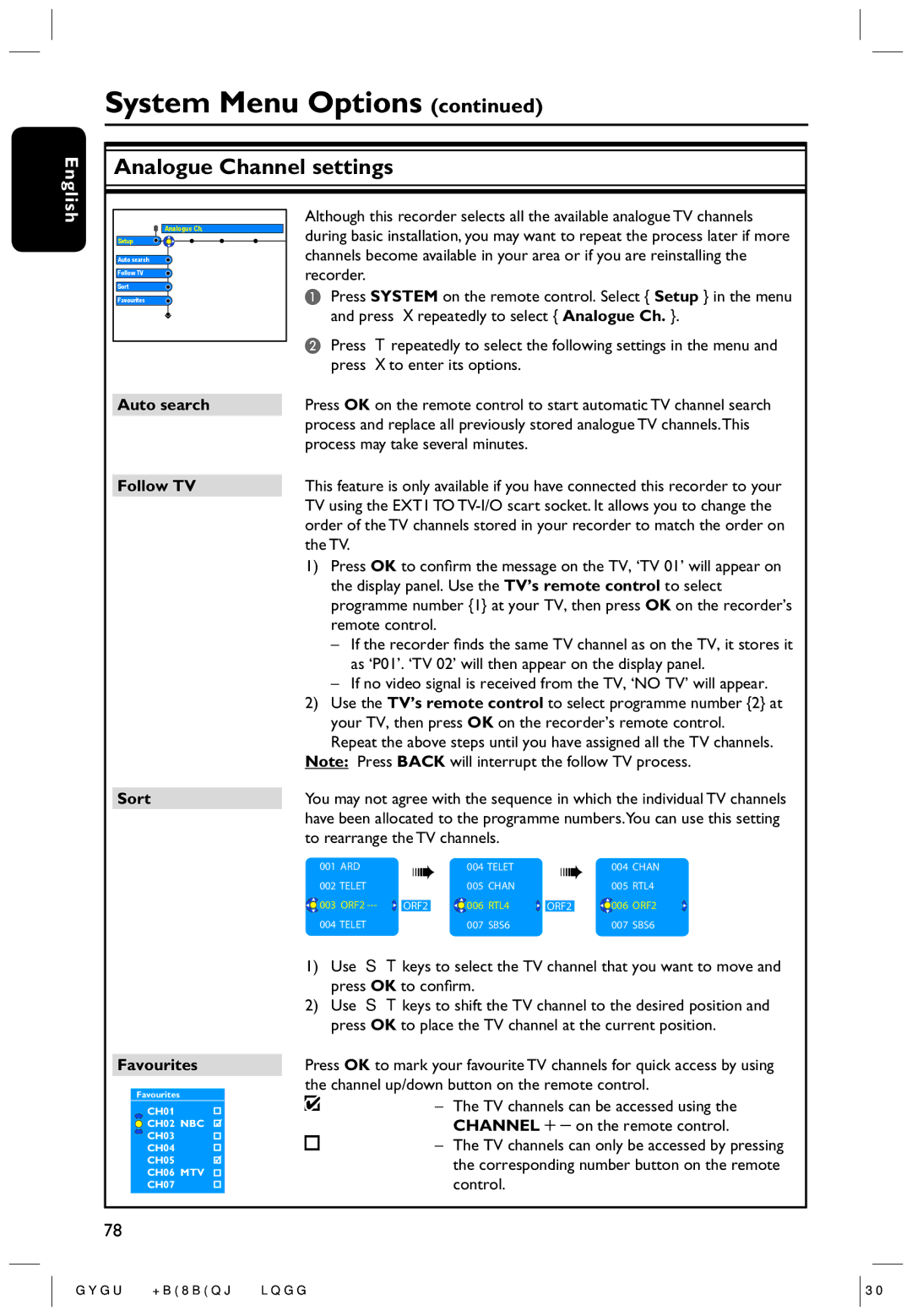 Philips DVDR5350H user manual Analogue Channel settings, Auto search, Follow TV, Sort, Favourites 