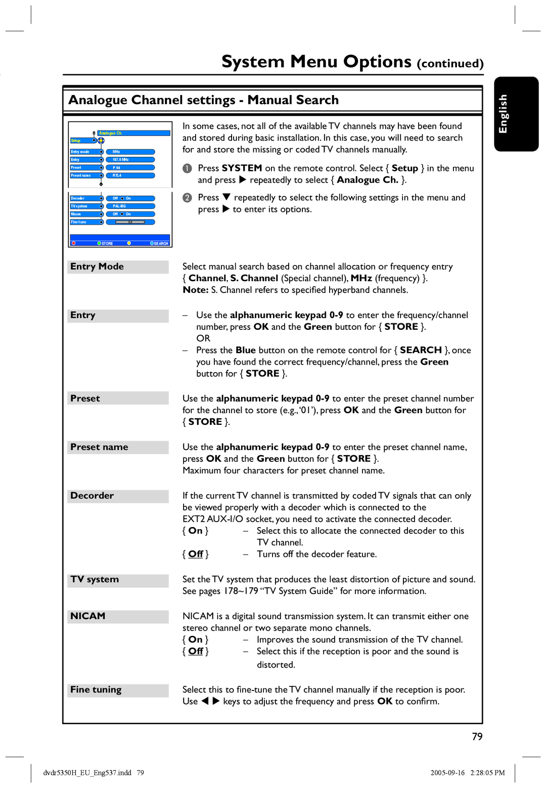 Philips DVDR5350H user manual Analogue Channel settings Manual Search 