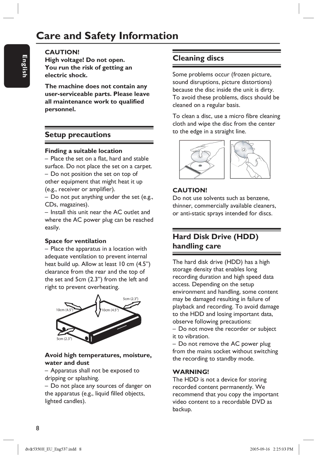 Philips DVDR5350H Care and Safety Information, Setup precautions, Cleaning discs, Hard Disk Drive HDD handling care 