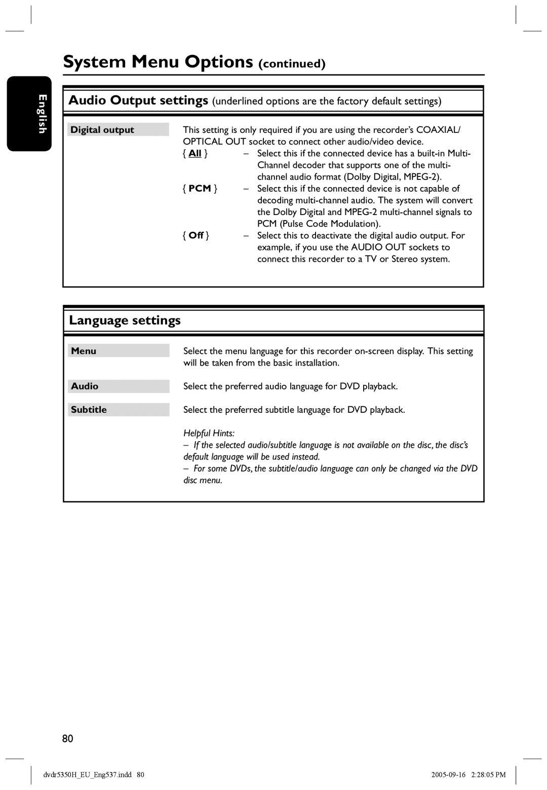 Philips DVDR5350H user manual Language settings 