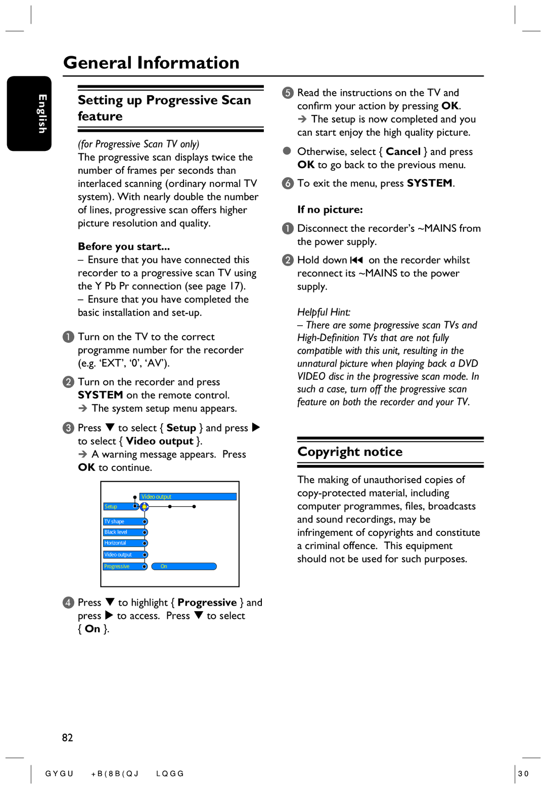 Philips DVDR5350H user manual General Information, Setting up Progressive Scan feature, Copyright notice, If no picture 