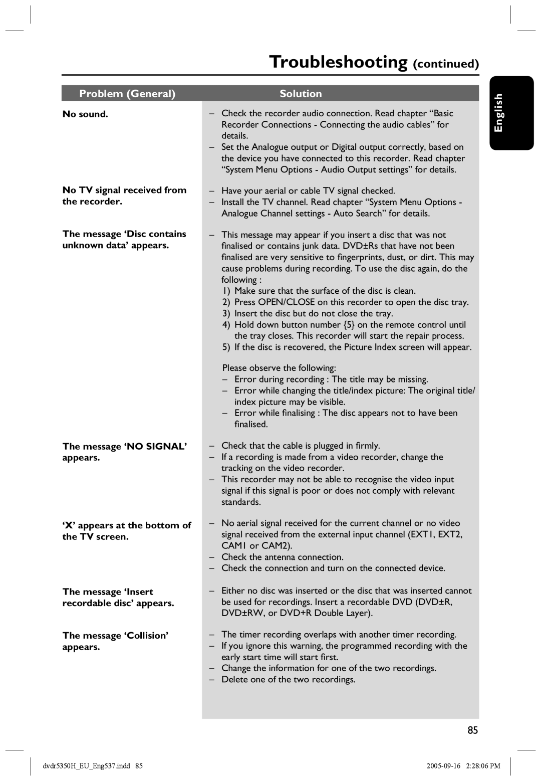 Philips DVDR5350H user manual No sound, No TV signal received from the recorder, Message ‘NO SIGNAL’ appears, TV screen 