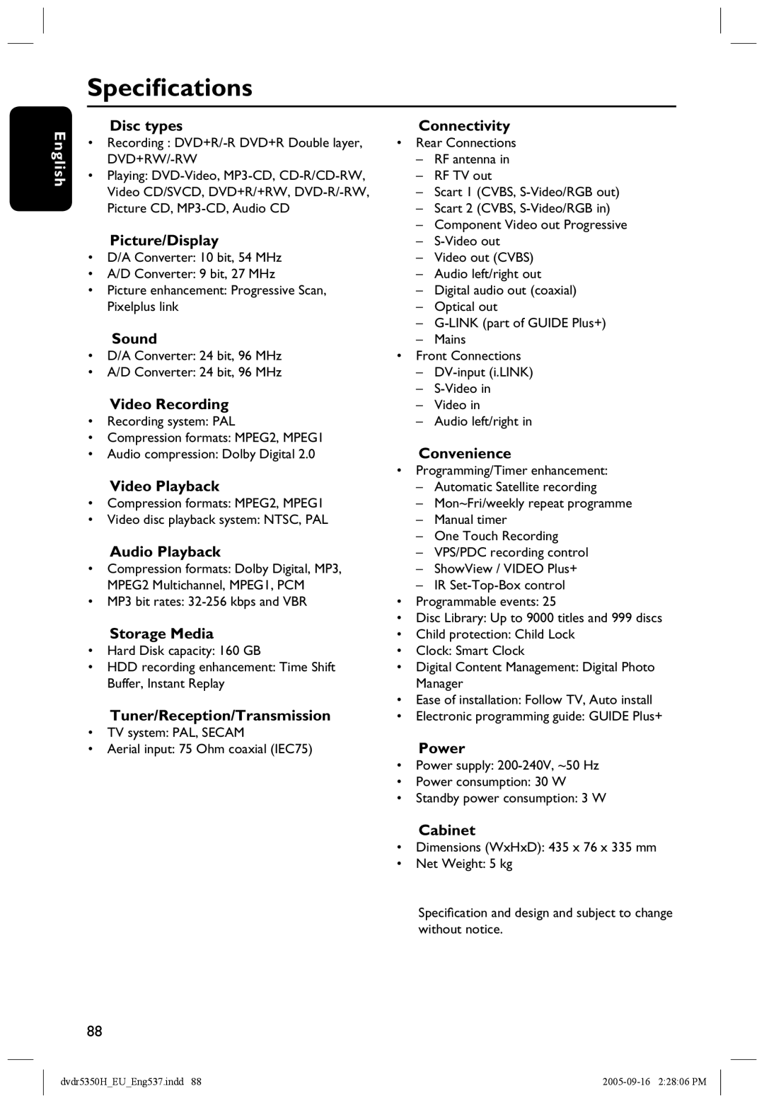 Philips DVDR5350H user manual Speciﬁcations 