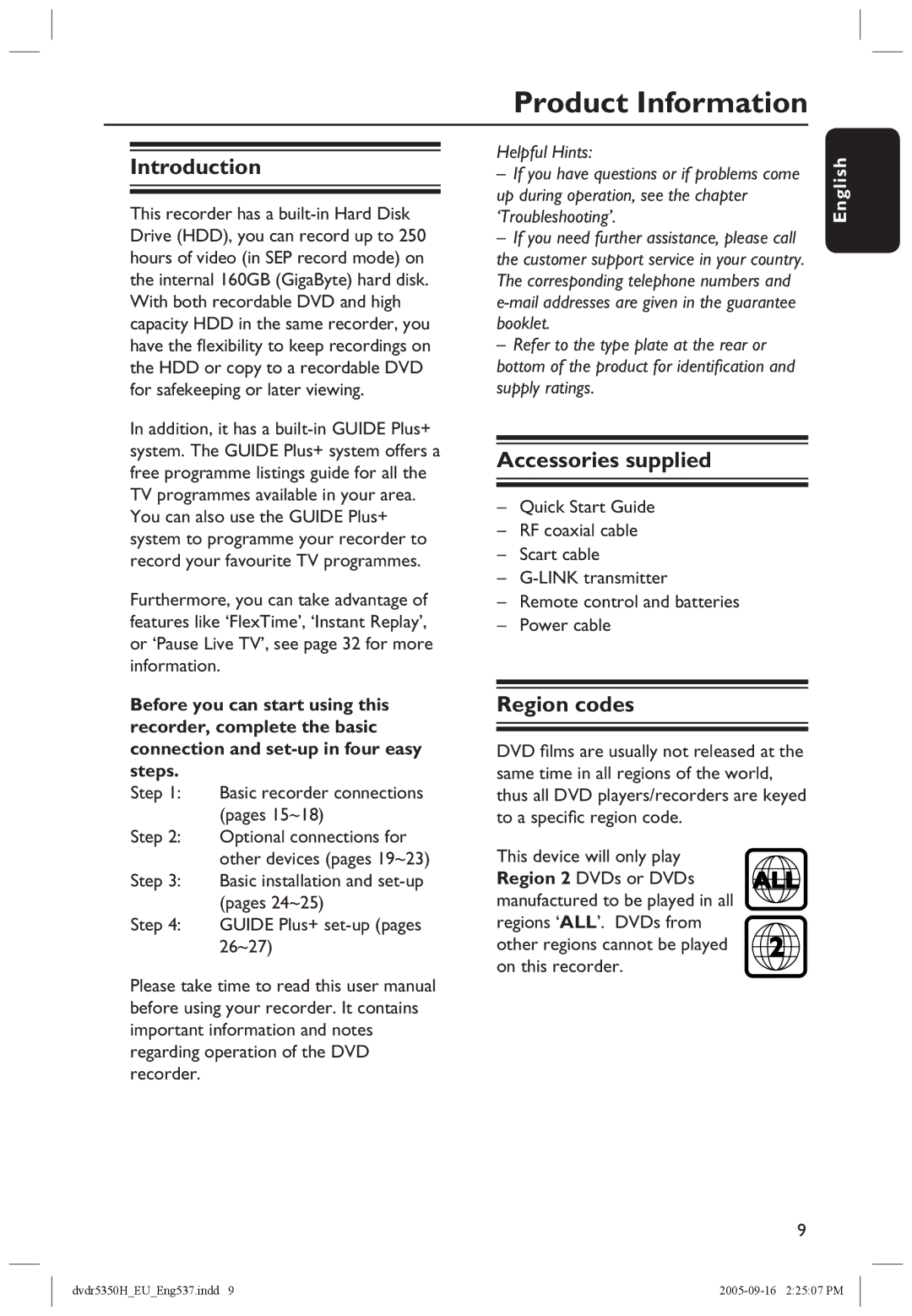 Philips DVDR5350H user manual Product Information, Introduction, Accessories supplied, Region codes 