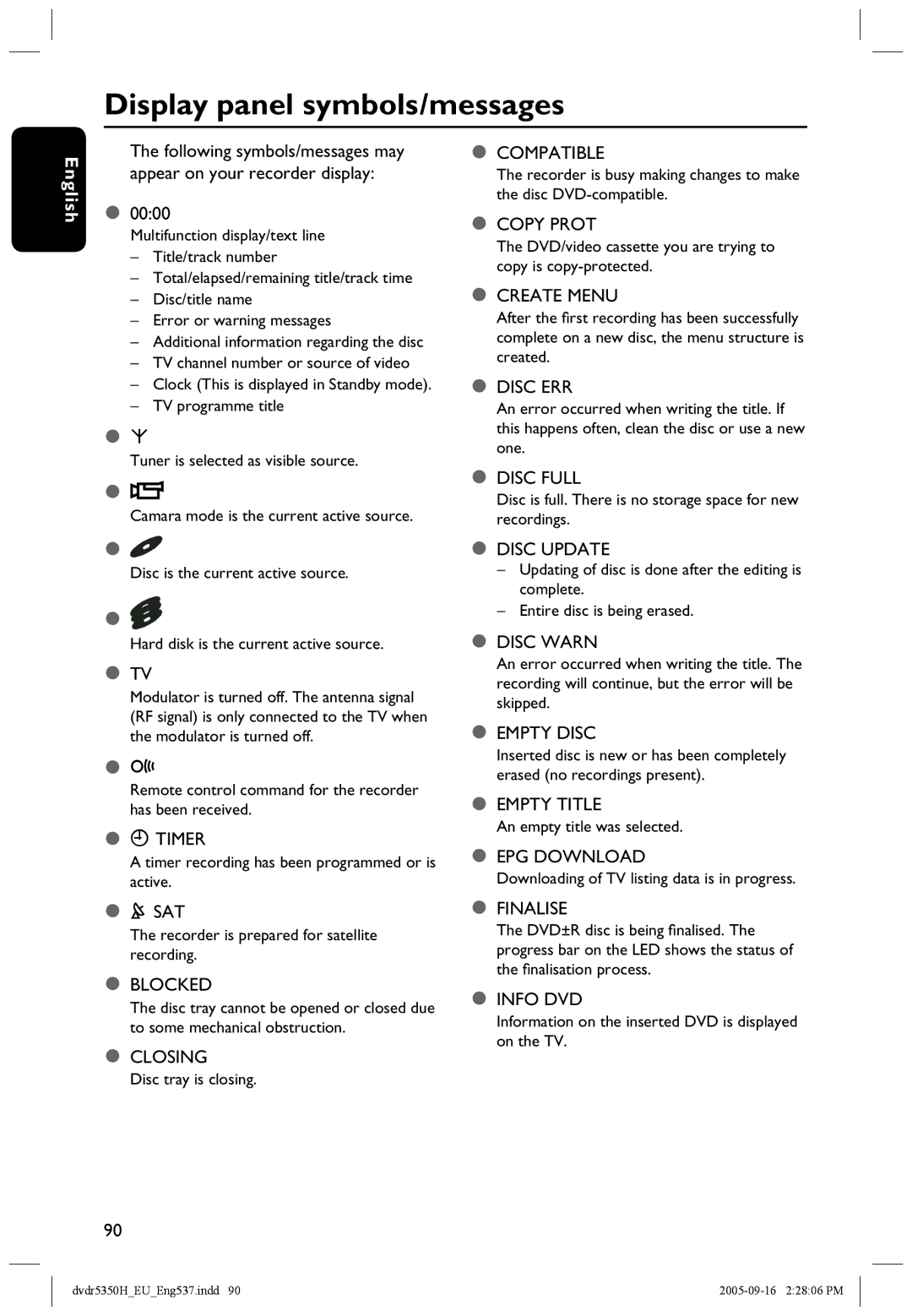 Philips DVDR5350H user manual Display panel symbols/messages,  ¡,  Tv,  ! Sat 