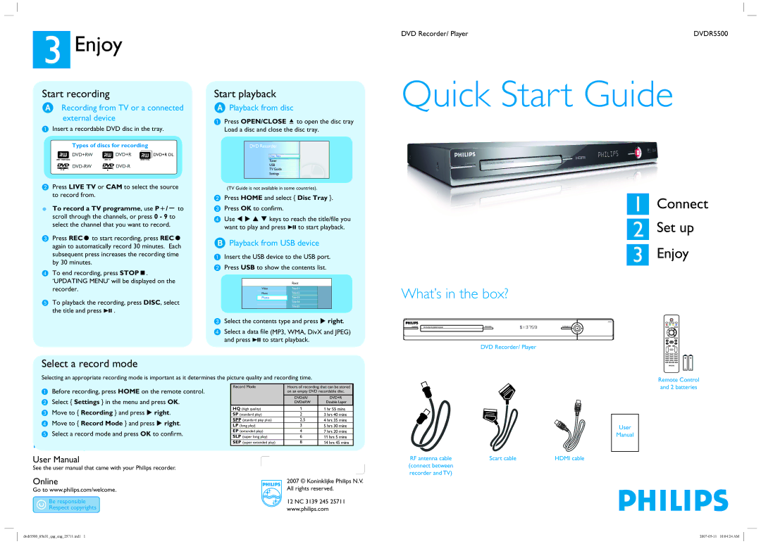 Philips DVDR5500/05B user manual Enjoy, Start recording, Start playback, Select a record mode 