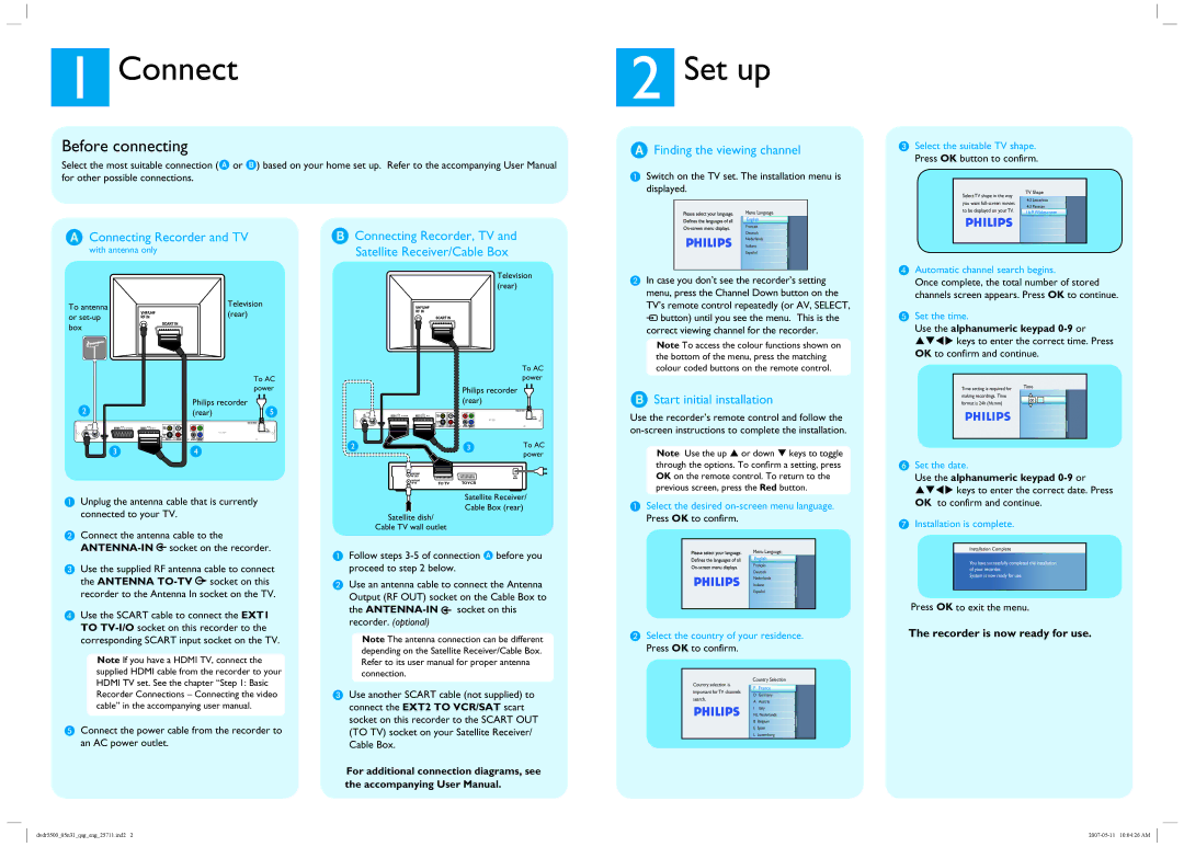 Philips DVDR5500/05B user manual Connect, Set up, Before connecting 