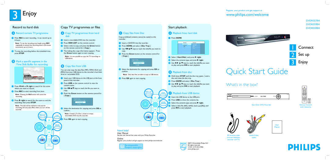 Philips DVDR5590H/75 manual Record to hard disk, Copy TV programmes or files, Start playback 