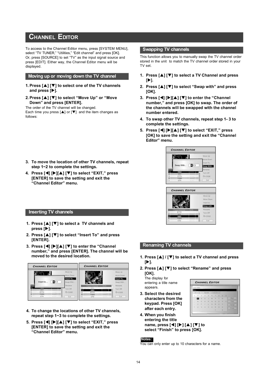 Philips DVDR560H user manual +$11/ ,725, 6ZDSSLQJ 79 Fkdqqhov, Qvhuwlqj 79 Fkdqqhov, 5HQDPLQJ 79 Fkdqqhov 