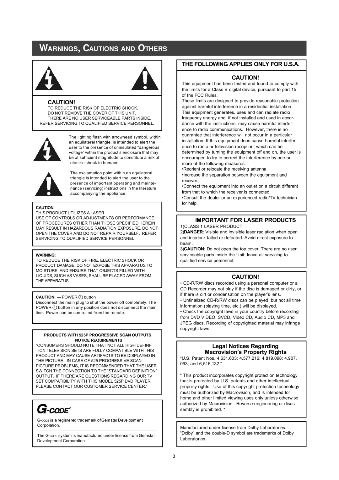 Philips DVDR560H user manual Following Applies only for U.S.A, Important for Laser Products 