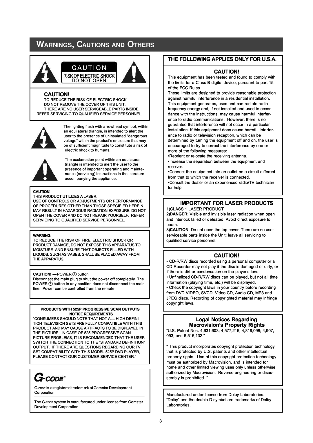 Philips DVDR560H Warnings, Cautions And Others, The Following Applies Only For U.S.A, Important For Laser Products 