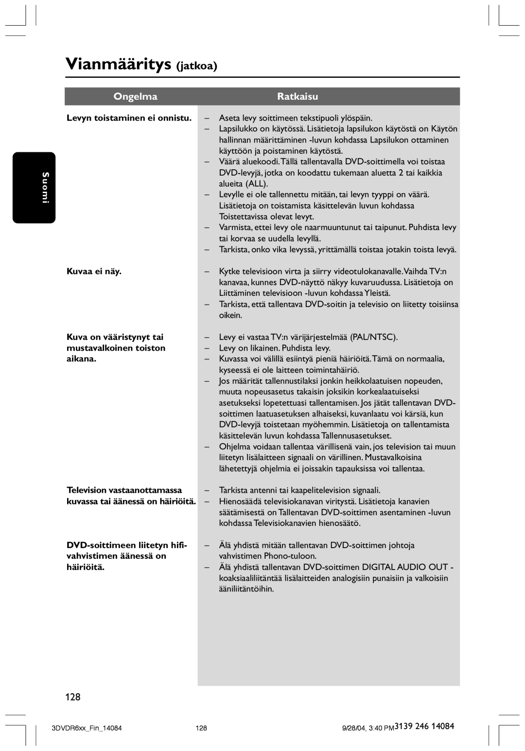 Philips DVDR610 user manual Vianmääritys jatkoa, Ongelma Ratkaisu 