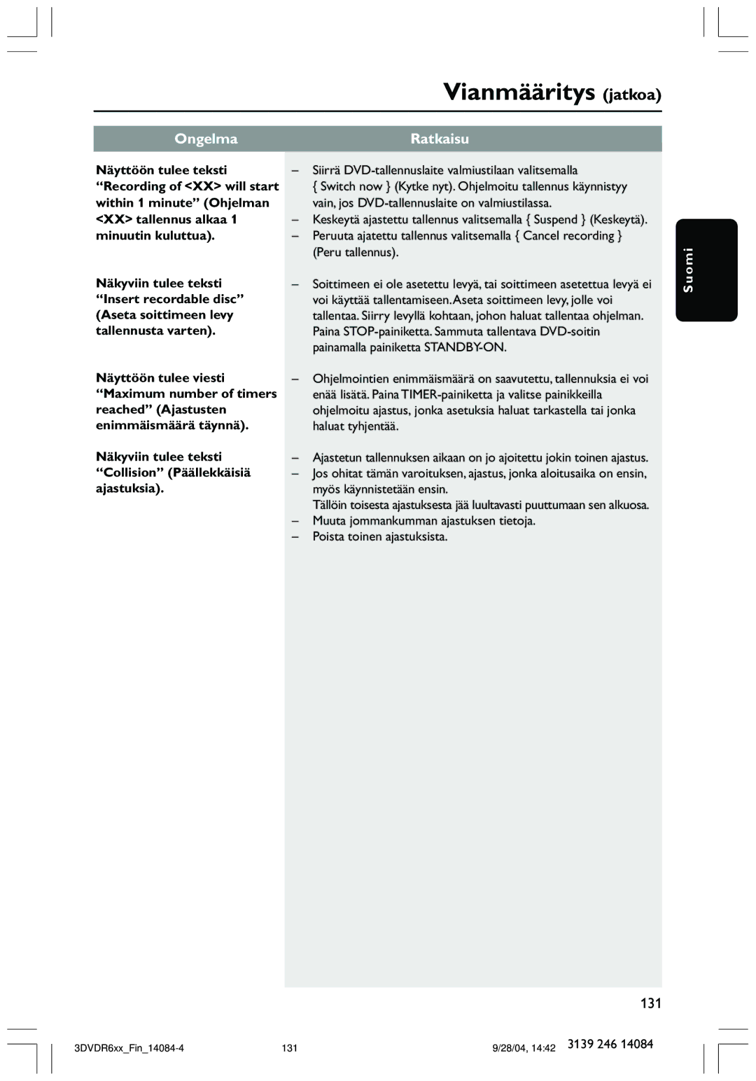 Philips DVDR610 user manual OngelmaRatkaisu, Siirrä DVD-tallennuslaite valmiustilaan valitsemalla 