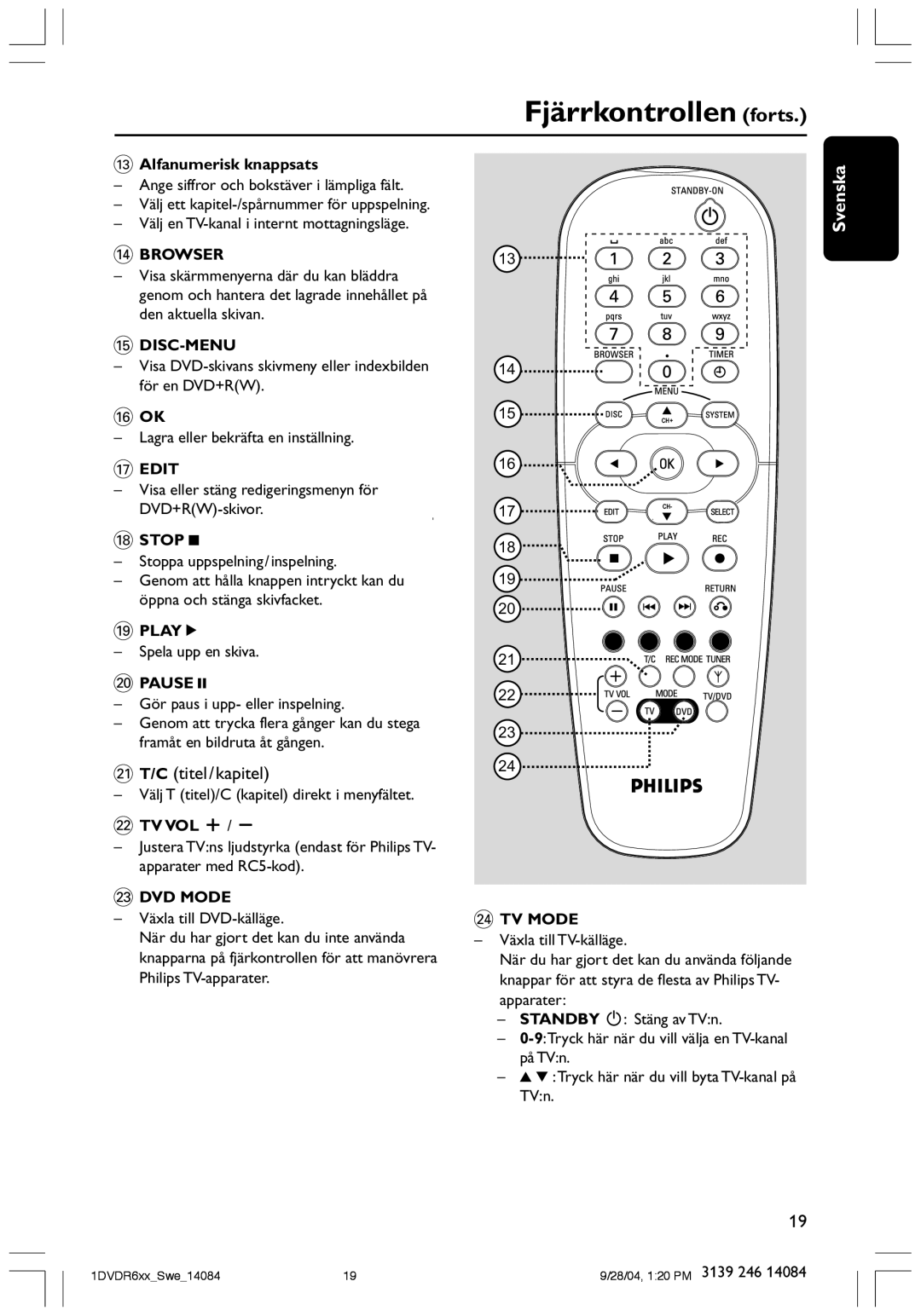 Philips DVDR610 Fjärrkontrollen forts, # Alfanumerisk knappsats, Visa eller stäng redigeringsmenyn för DVD+RW-skivor 