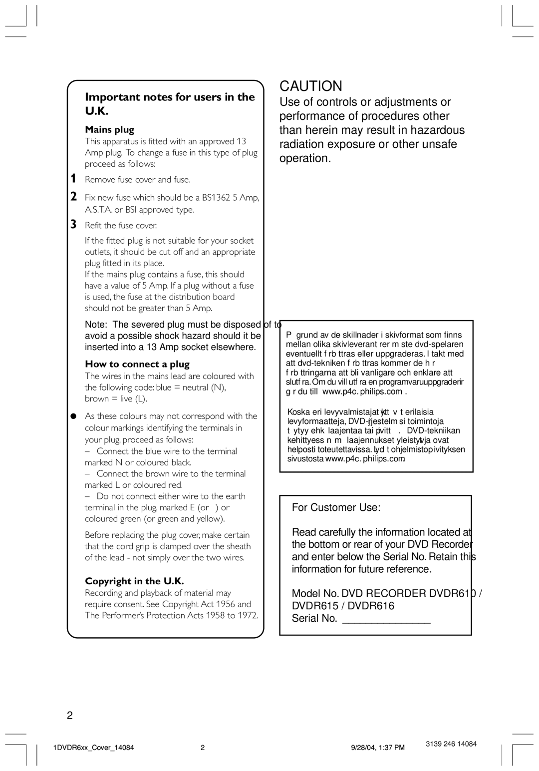 Philips DVDR610 user manual Important notes for users in the U.K, Mains plug, How to connect a plug, Copyright in the U.K 