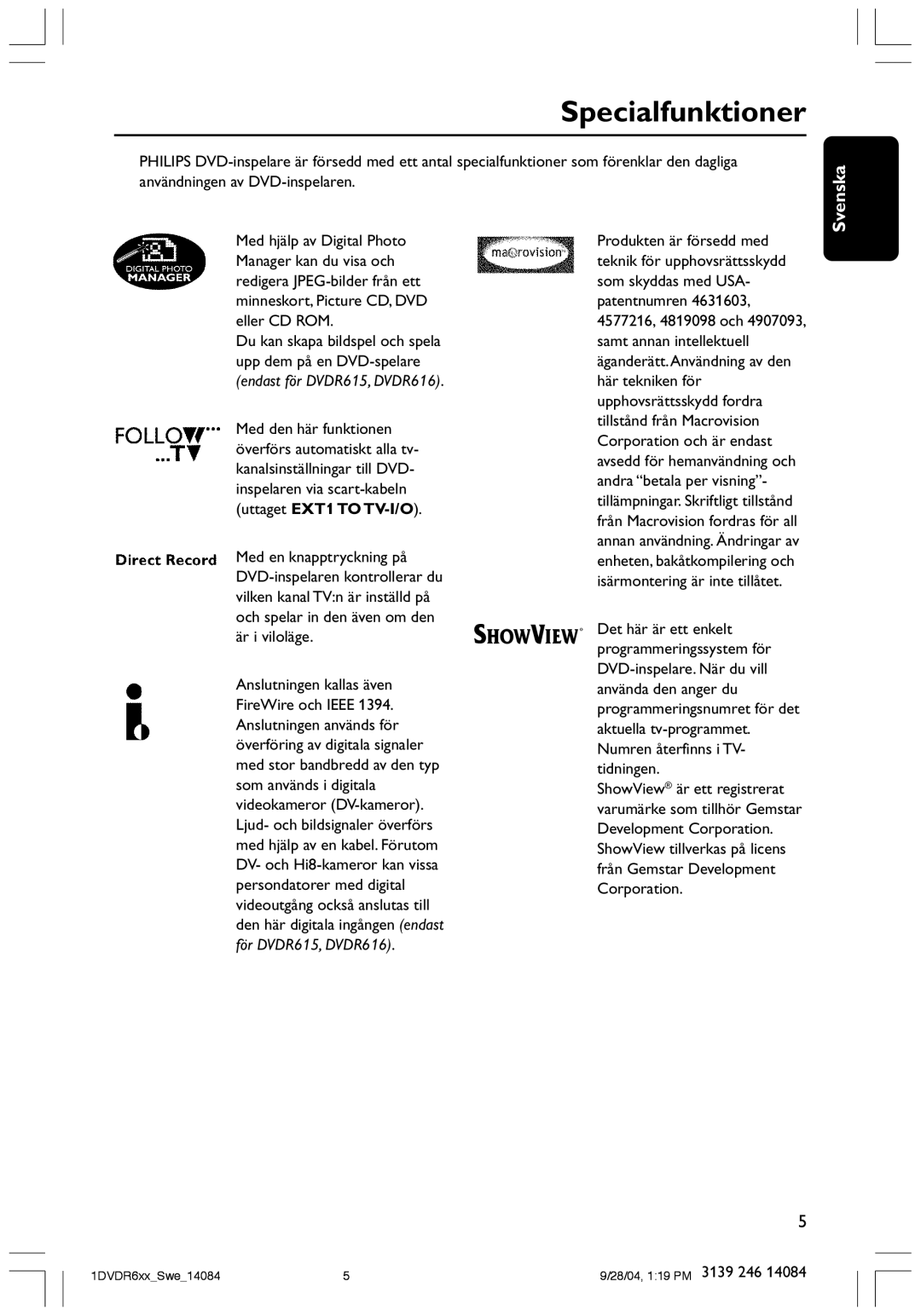 Philips DVDR610 user manual Specialfunktioner, Svenska 