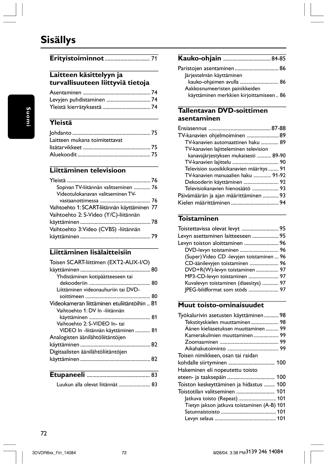 Philips DVDR610 user manual Sisällys 