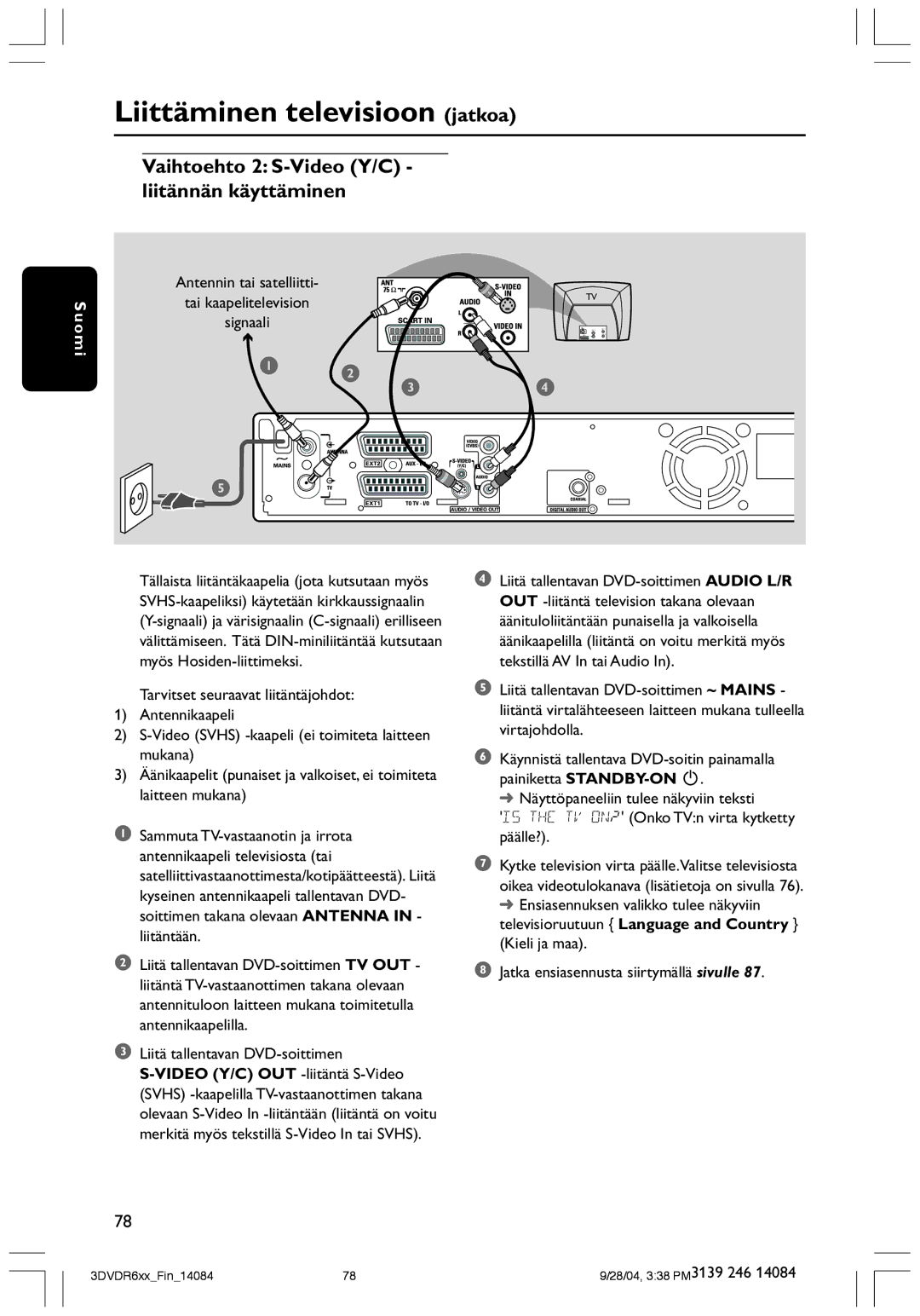 Philips DVDR610 user manual Vaihtoehto 2 S-Video Y/C liitännän käyttäminen 