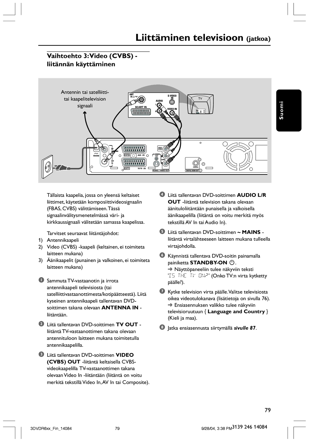 Philips DVDR610 user manual Vaihtoehto 3Video Cvbs liitännän käyttäminen 