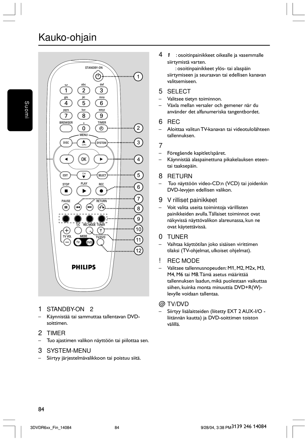 Philips DVDR610 user manual Kauko-ohjain, KŠynnistŠŠ tai sammuttaa tallentavan DVD- soittimen, Valitsee tietyn toiminnon 