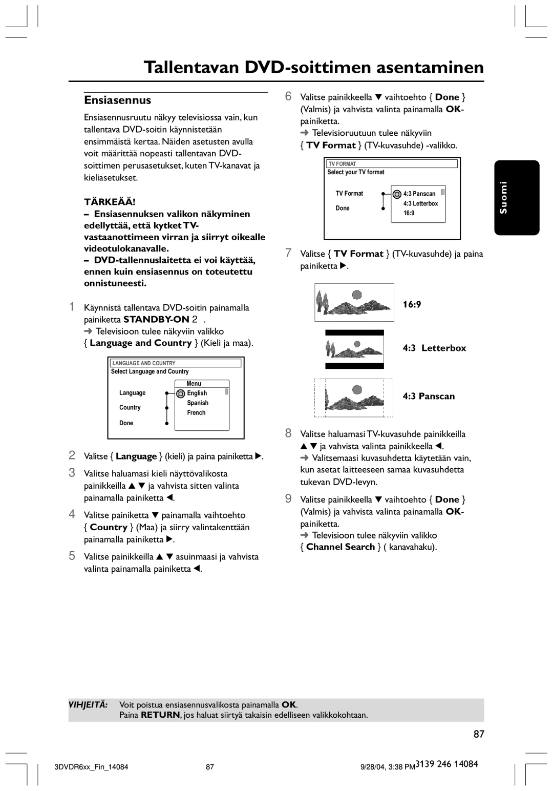 Philips DVDR610 user manual Tallentavan DVD-soittimen asentaminen, 169, Language and Country Kieli ja maa Letterbox 