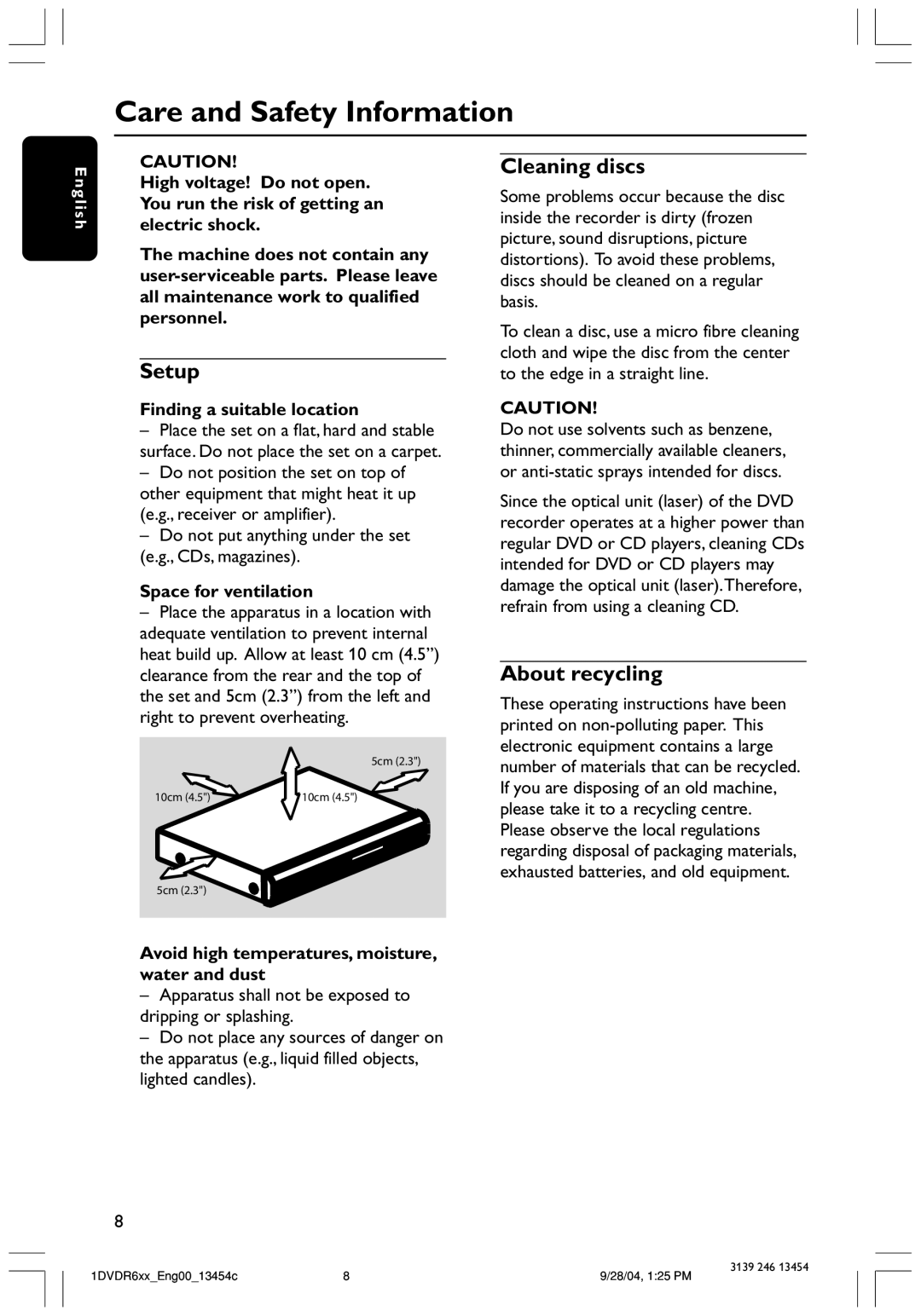 Philips DVDR612/97 user manual Care and Safety Information, Setup, Cleaning discs, About recycling 