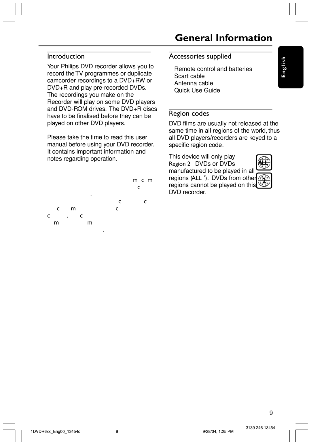 Philips DVDR612/97 user manual General Information, Introduction, Accessories supplied, Region codes, All 