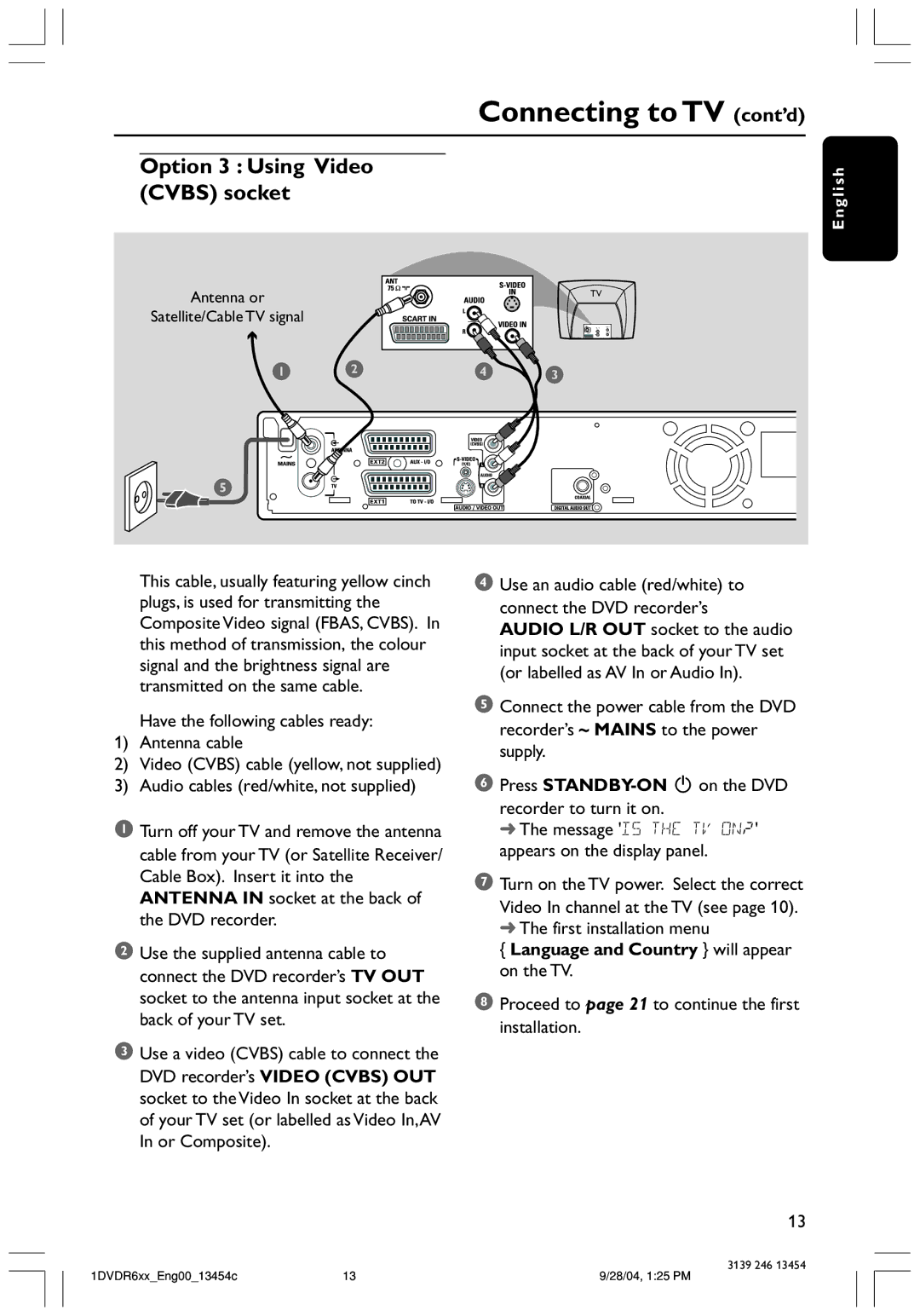 Philips DVDR612/97 user manual Option 3 Using Video Cvbs socket, Have the following cables ready Antenna cable 