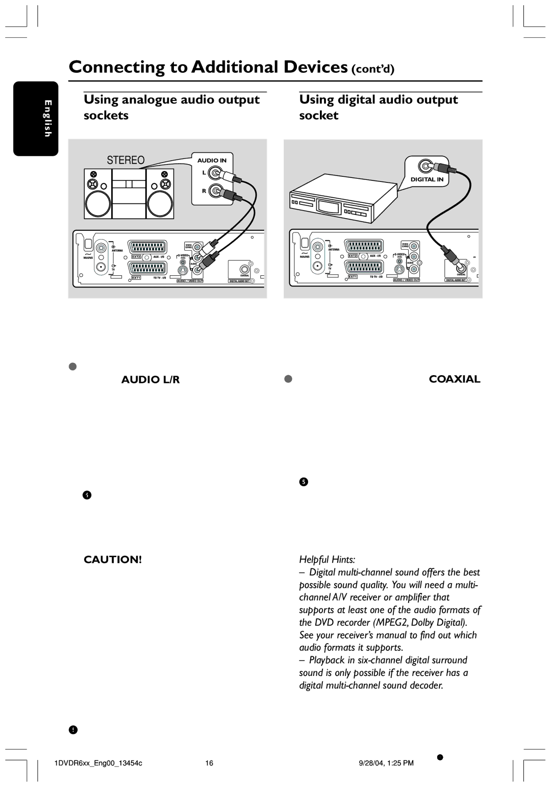 Philips DVDR612/97 user manual Connecting to Additional Devices cont’d, Using analogue audio output, Sockets, Stereo 