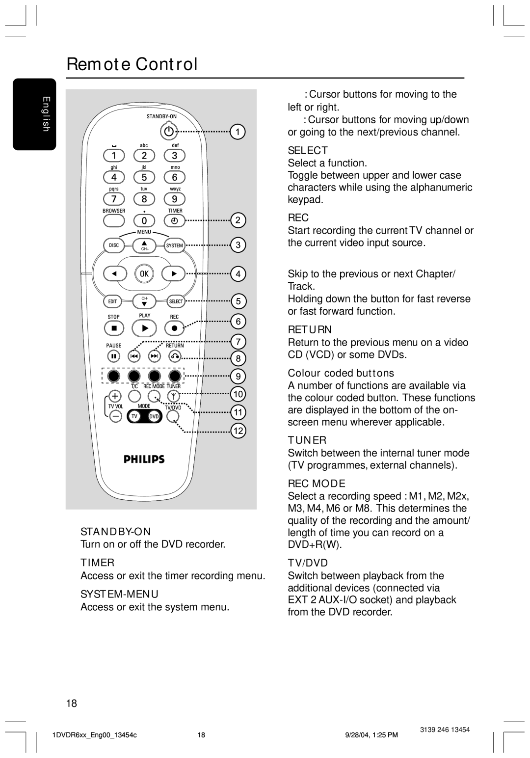 Philips DVDR612/97 user manual Remote Control 