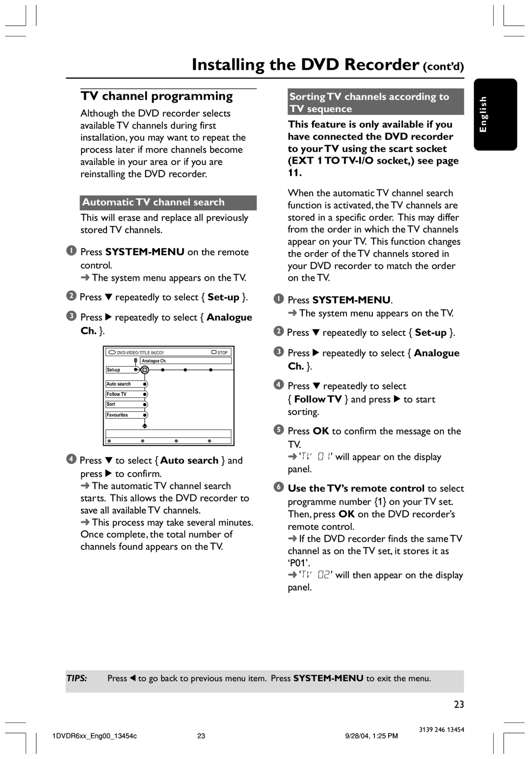 Philips DVDR612/97 user manual Set-up Auto search Follow TV Sort Favourites 