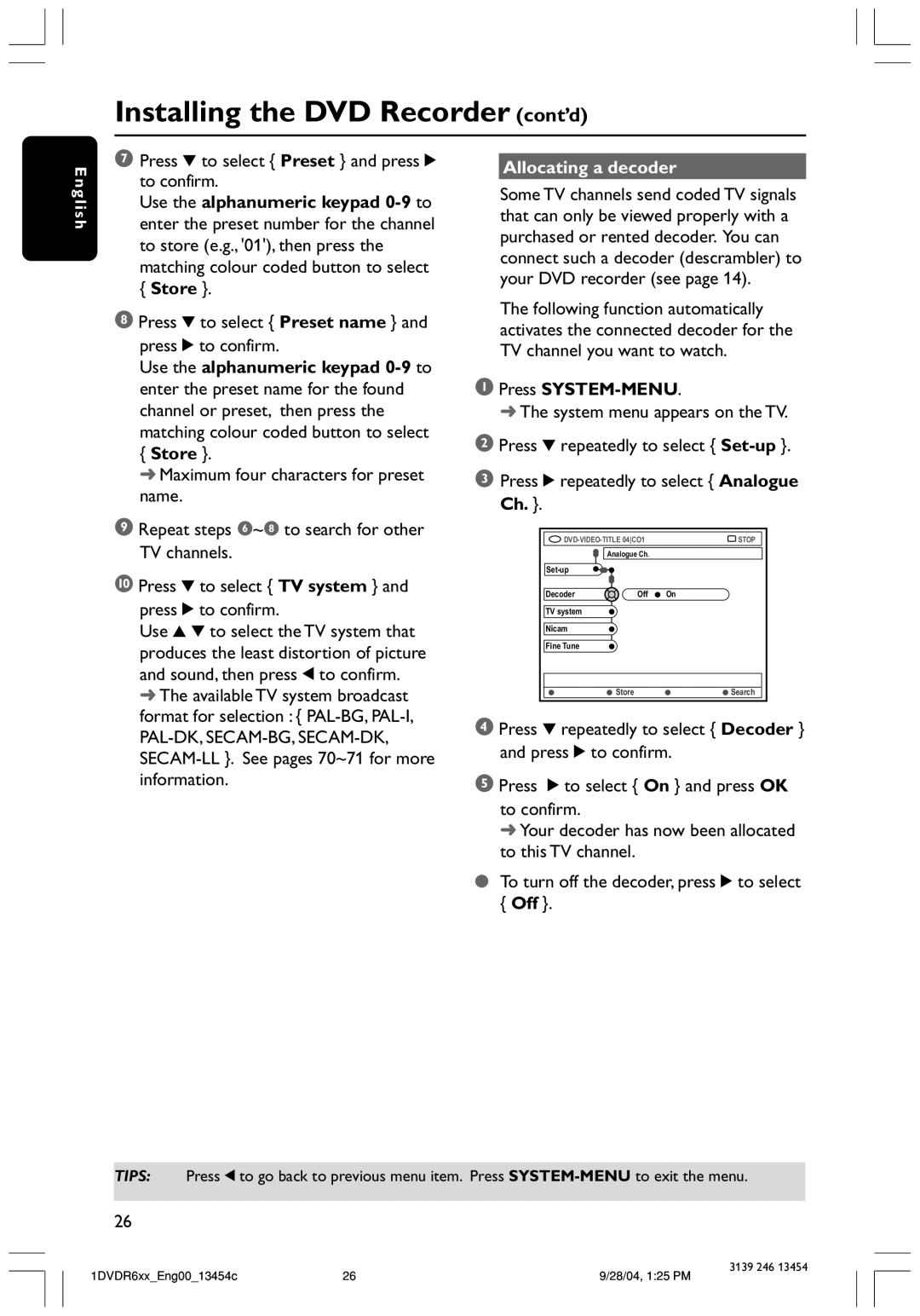 Philips DVDR612/97 Press 4 to select Preset and press 2 to confirm, Press 4 to select Preset name and press 2 to confirm 